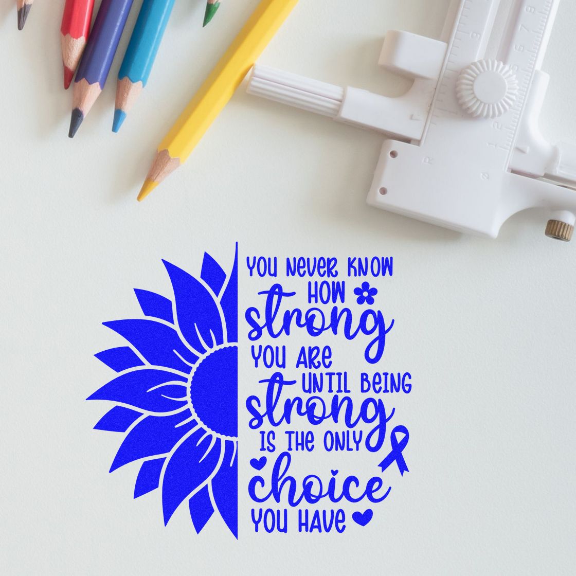 Custom rubber stamp design with sunflower, cancer ribbon, and uplifting quote for encouragement cards and handmade crafts.