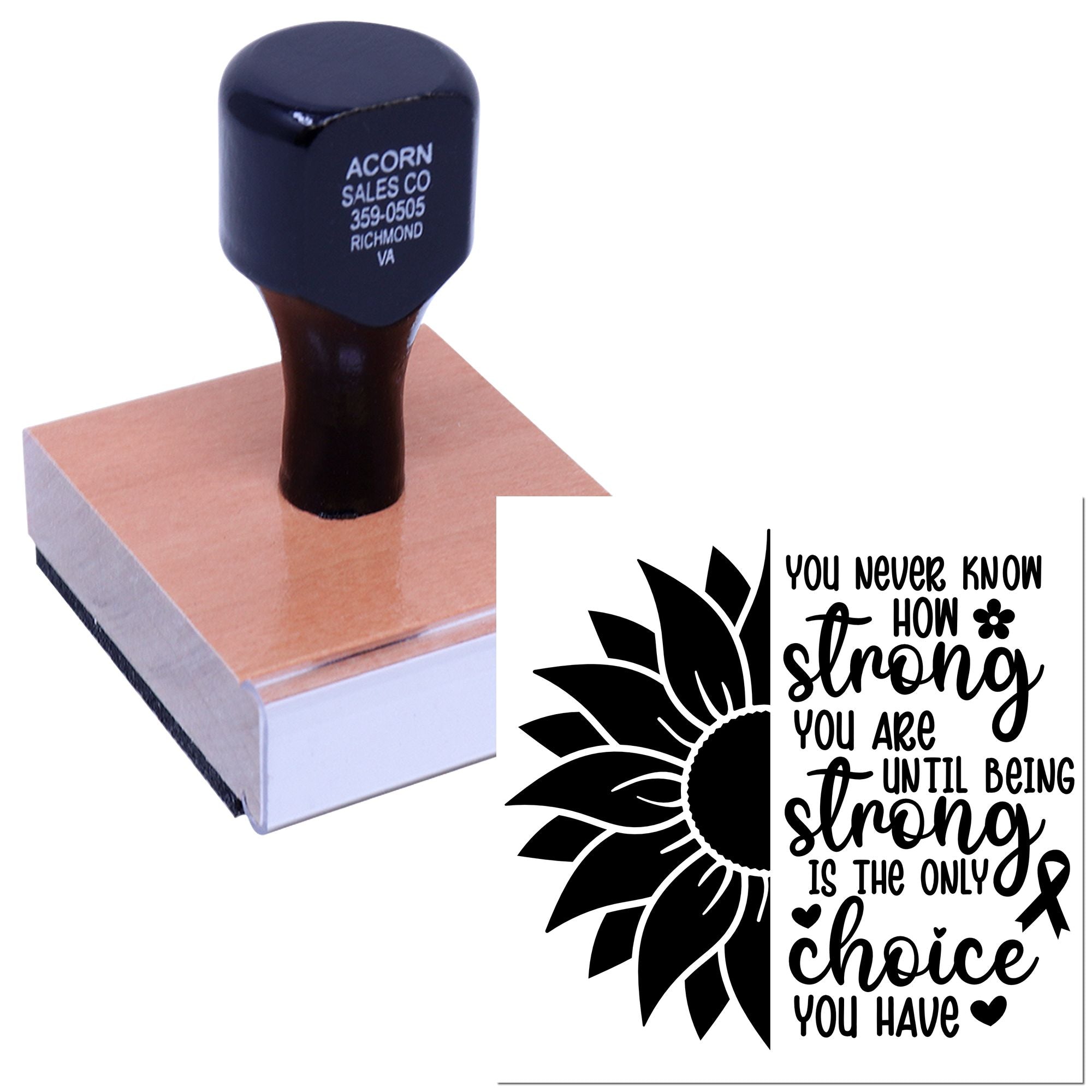 Breast cancer awareness rubber stamp with sunflower ribbon and inspirational quote about strength and choice.