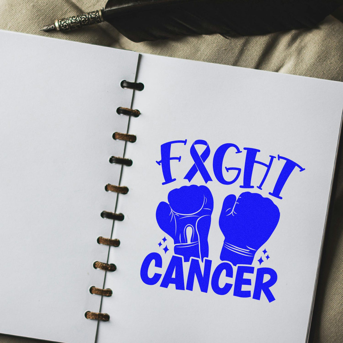 Fight Cancer Boxing Gloves rubber stamp shown in blue ink, stamped for projects such as corner team shirts.
