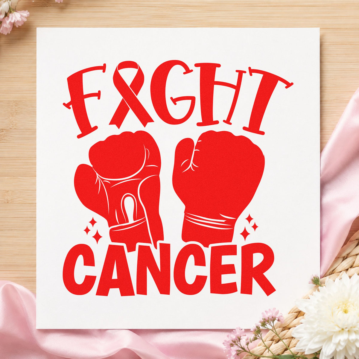 Fight Cancer Boxing Gloves rubber stamp shown in red ink, stamped for projects such as men's care packages.