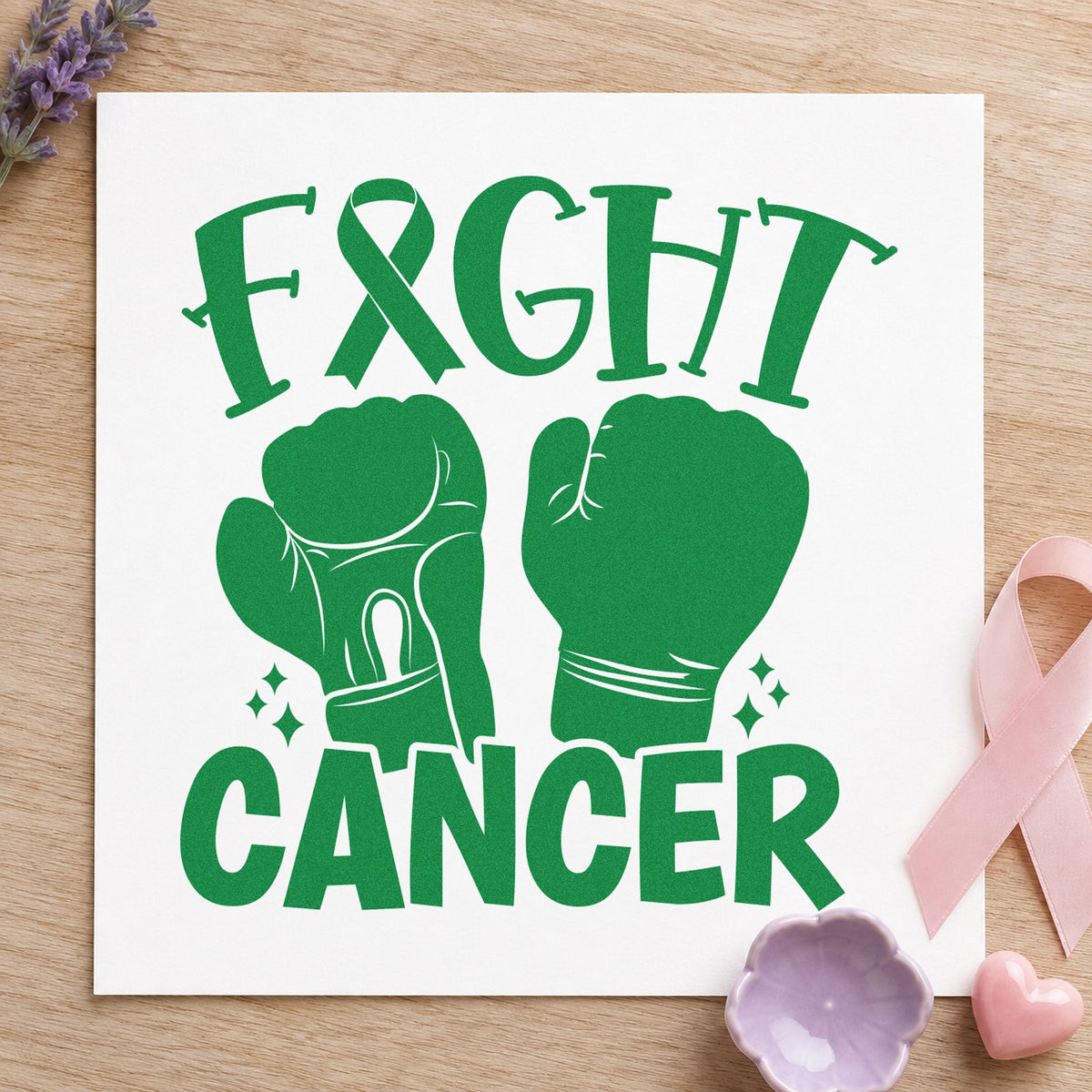 Fight Cancer Boxing Gloves craft stamp imprint in green ink on a handmade project, one idea being journal cover stamping.