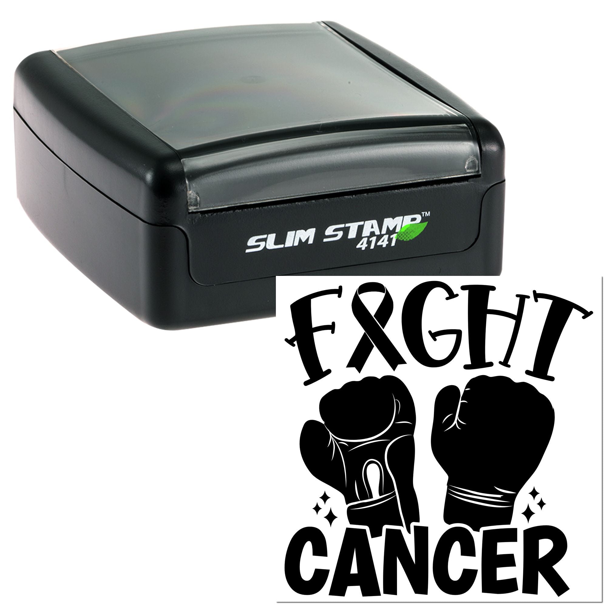 Slim Stamp 4141 custom rubber stamp with Fight Cancer boxing gloves and ribbon design for cancer awareness projects.