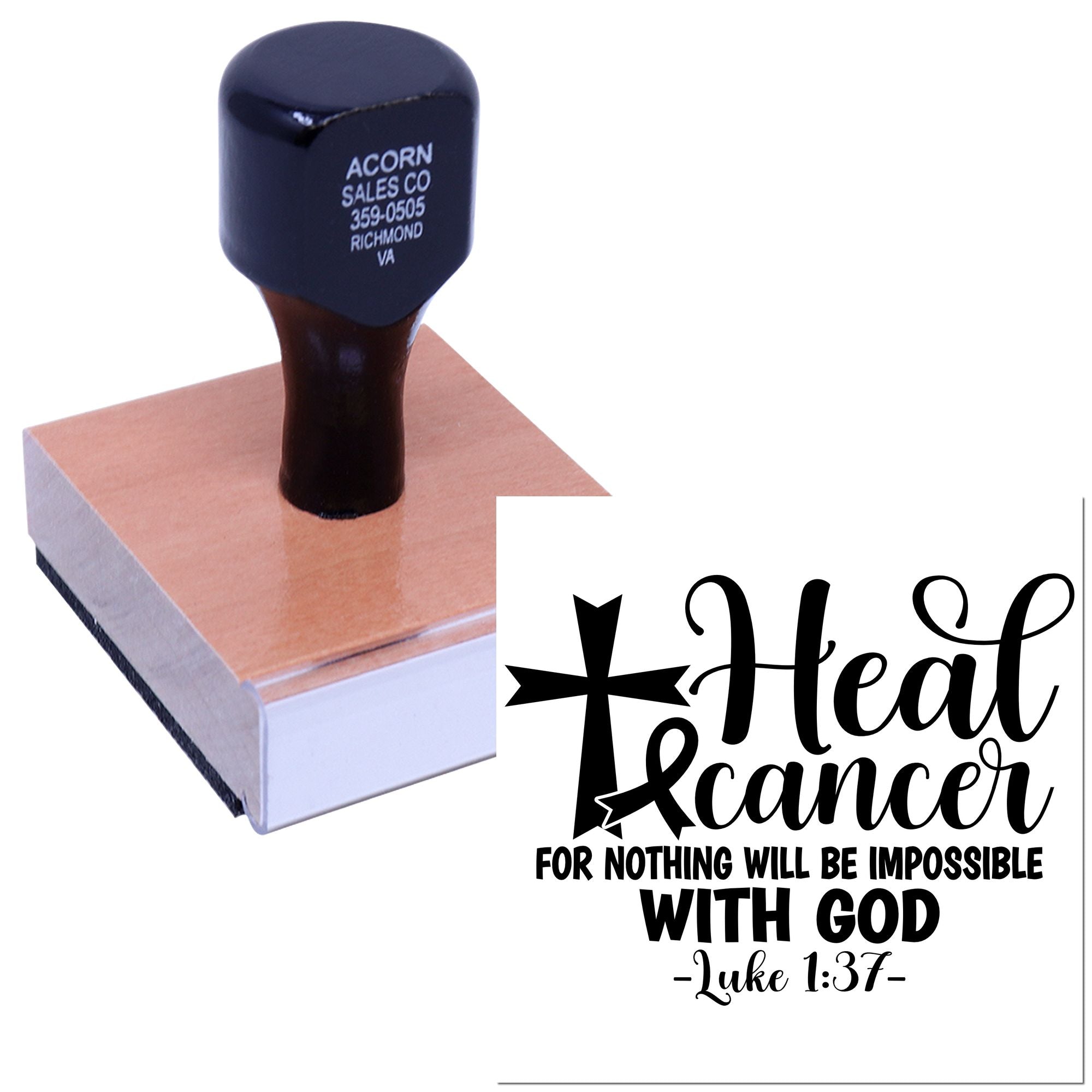 Custom Christian rubber stamp with Heal Cancer design and Luke 1:37 verse for encouragement, prayer cards, and cancer support.