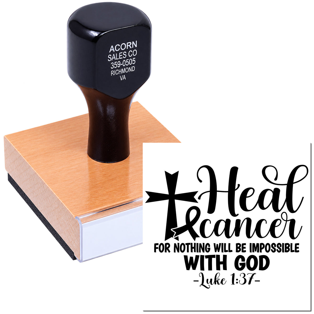Custom Christian rubber stamp with Heal Cancer design and Luke 1:37 verse for encouragement, prayer cards, and cancer support.
