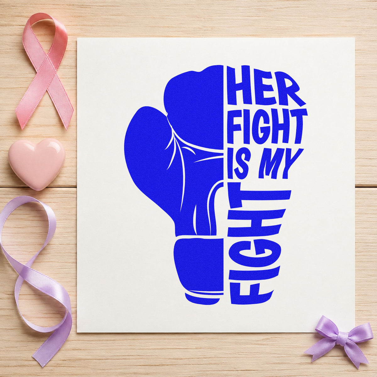 Her Fight Is My Fight craft stamp imprinted in blue ink on paper, a design suited to care package tags.