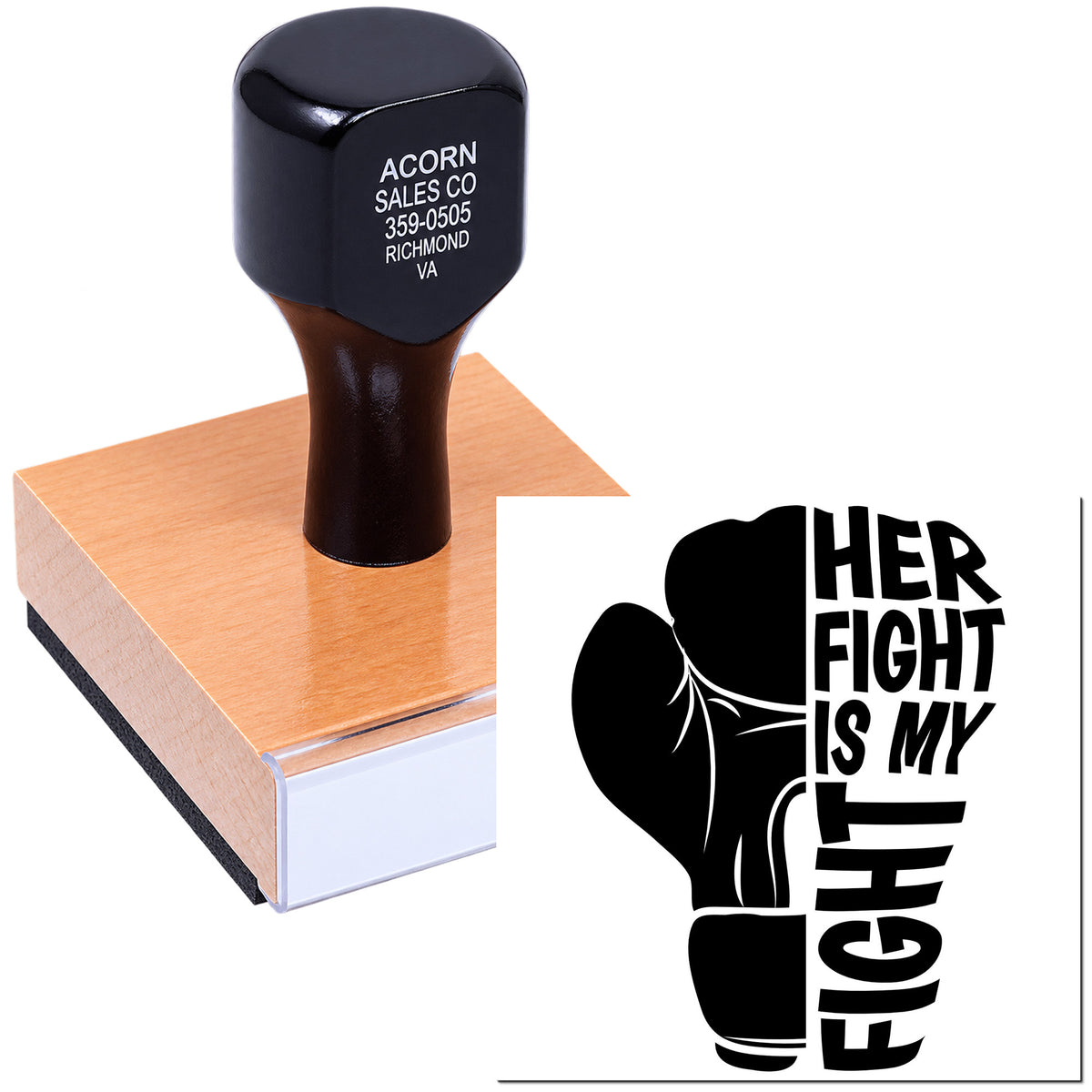 Custom rubber stamp for business branding, showing personalized logo imprint and boxing glove Her Fight Is My Fight design.