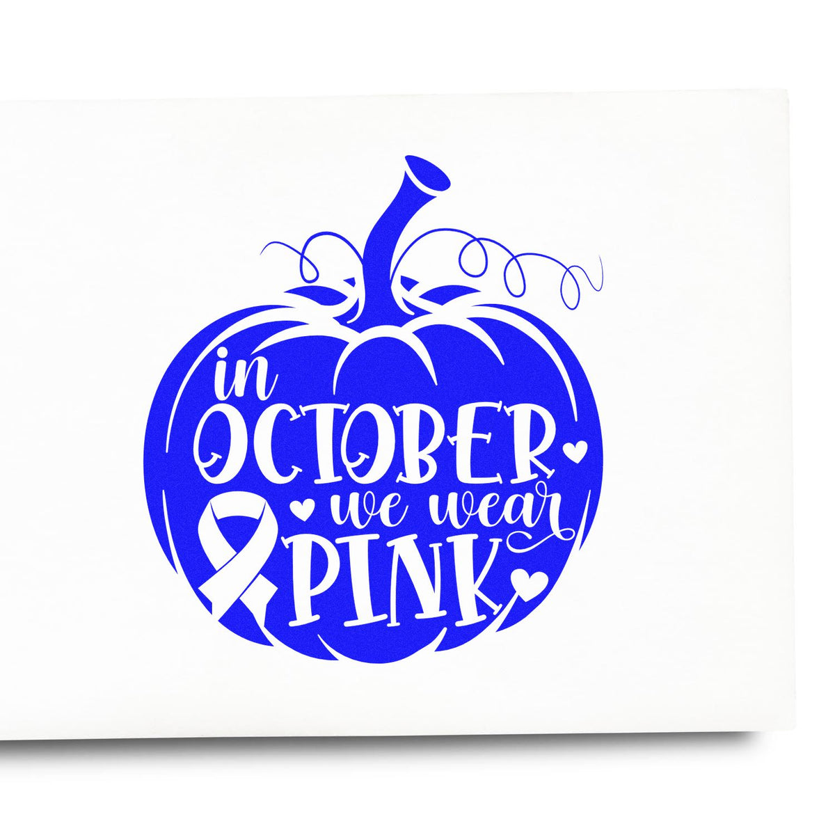 Halloween breast cancer awareness rubber stamp design with pumpkin, ribbon, and In October We Wear Pink text.