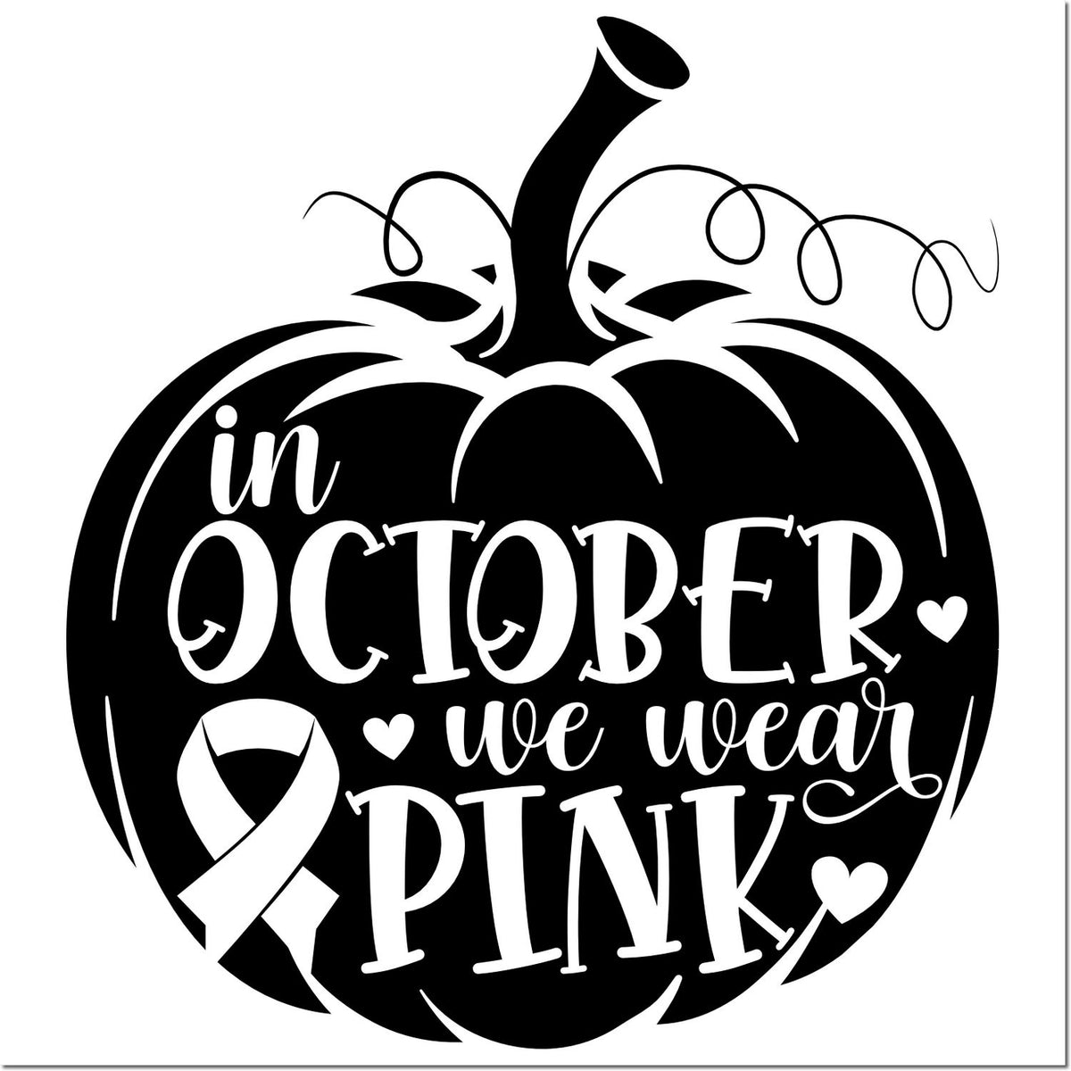 Halloween pumpkin rubber stamp with In October We Wear Pink text, pink ribbon, and breast cancer awareness design.