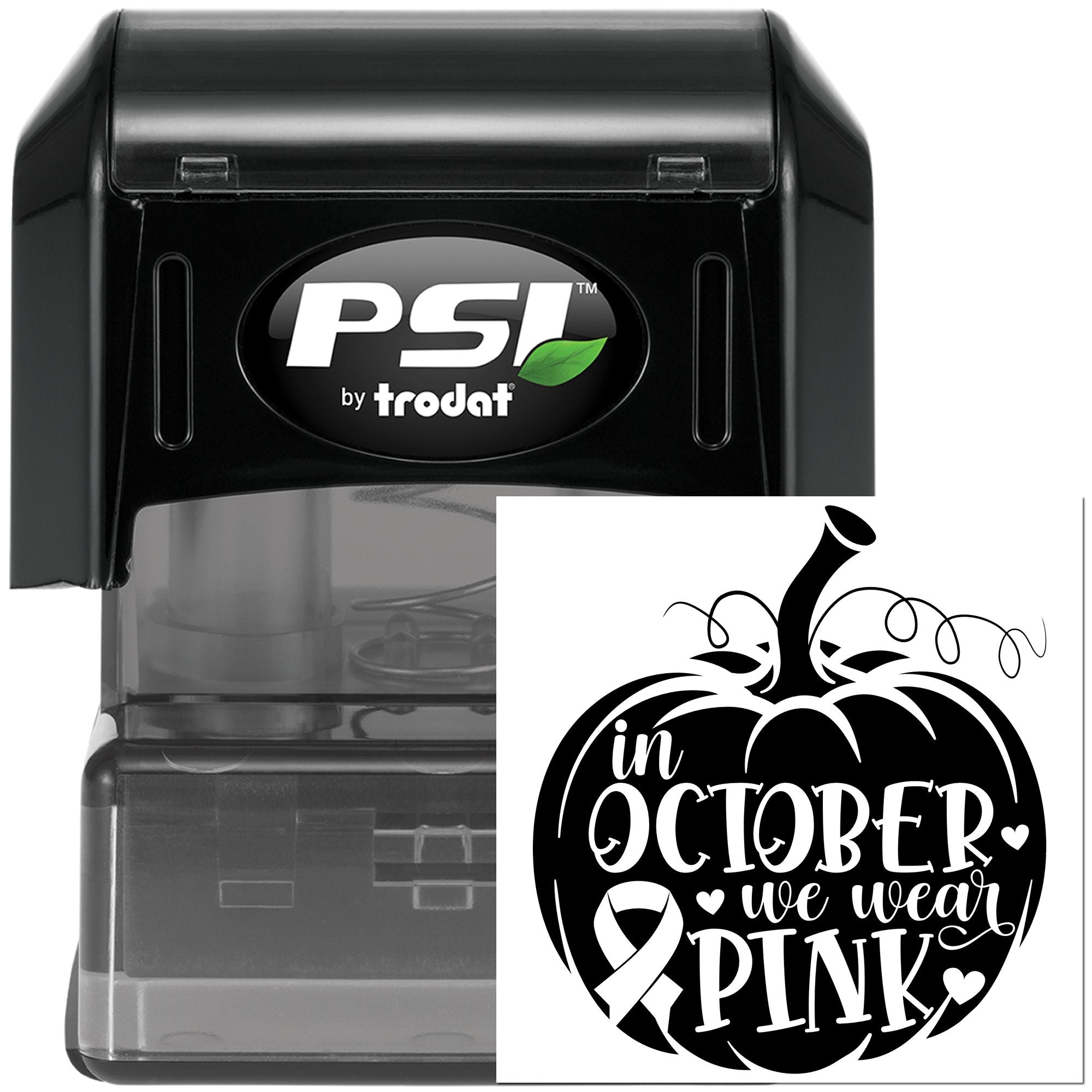 Custom PSI by Trodat self-inking rubber stamp for breast cancer awareness with In October We Wear Pink pumpkin design.