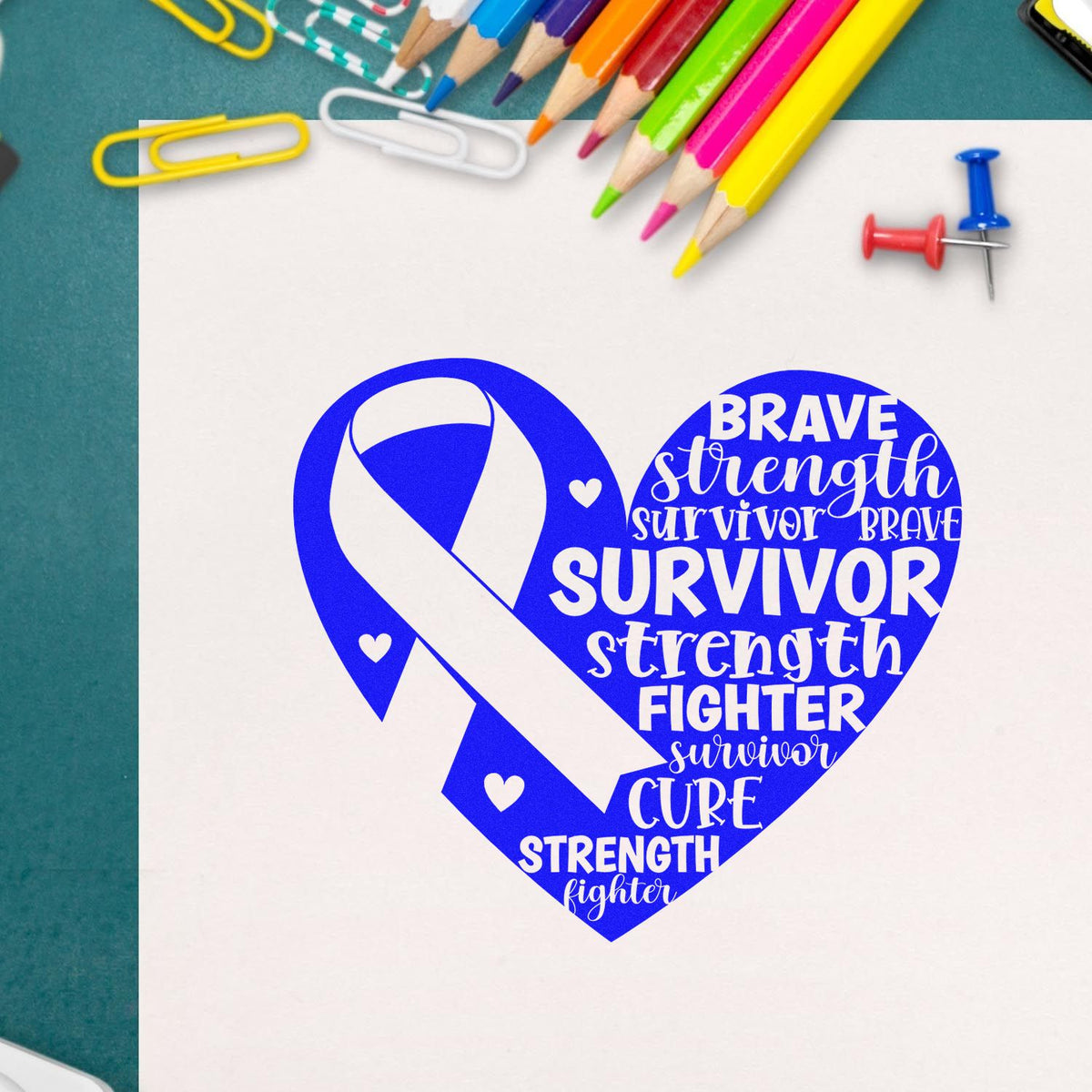Blue cancer survivor heart ribbon rubber stamp design with brave, strength, fighter, and cure words for awareness crafts