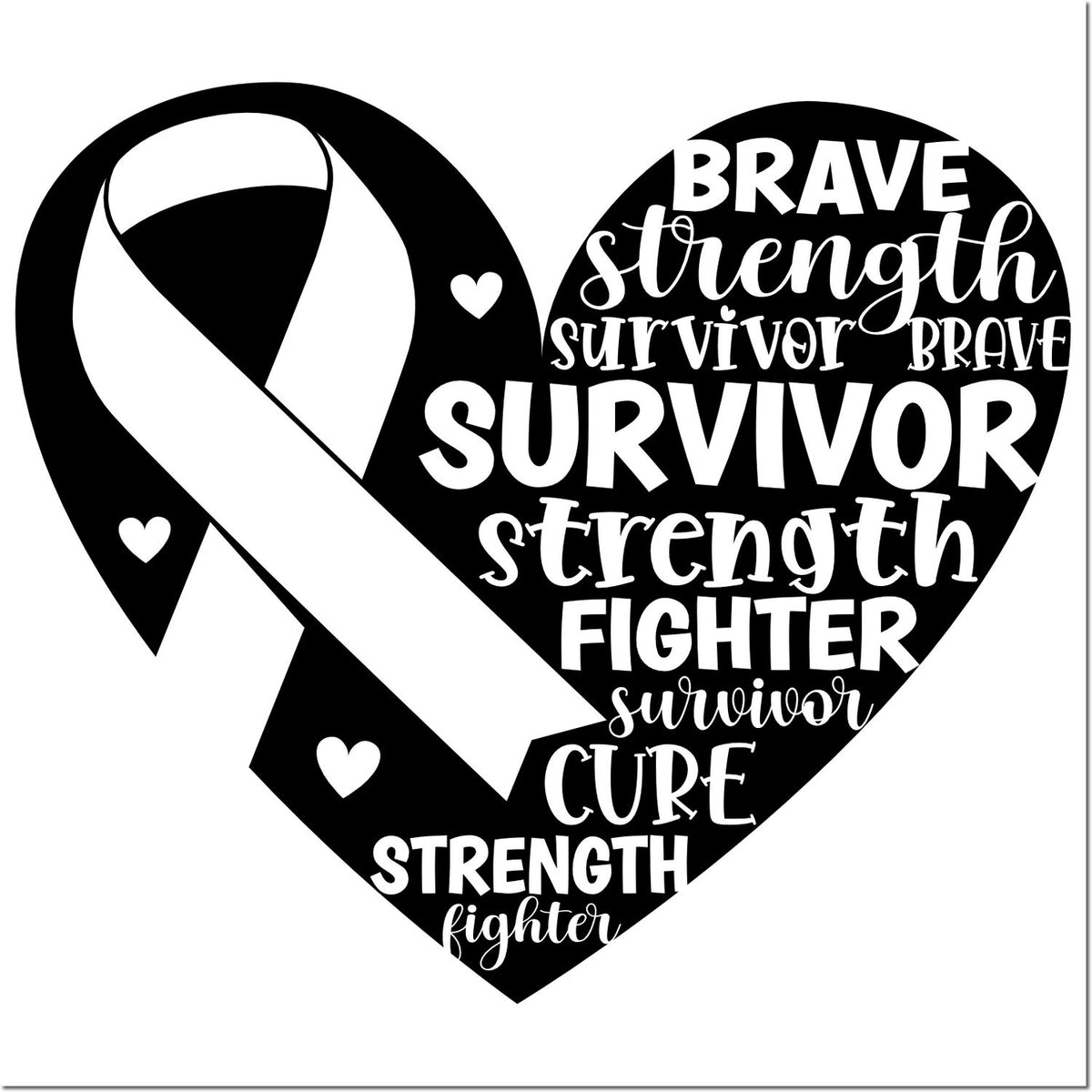 Breast cancer awareness heart and ribbon rubber stamp design with brave, strength, survivor, fighter, and cure wording.