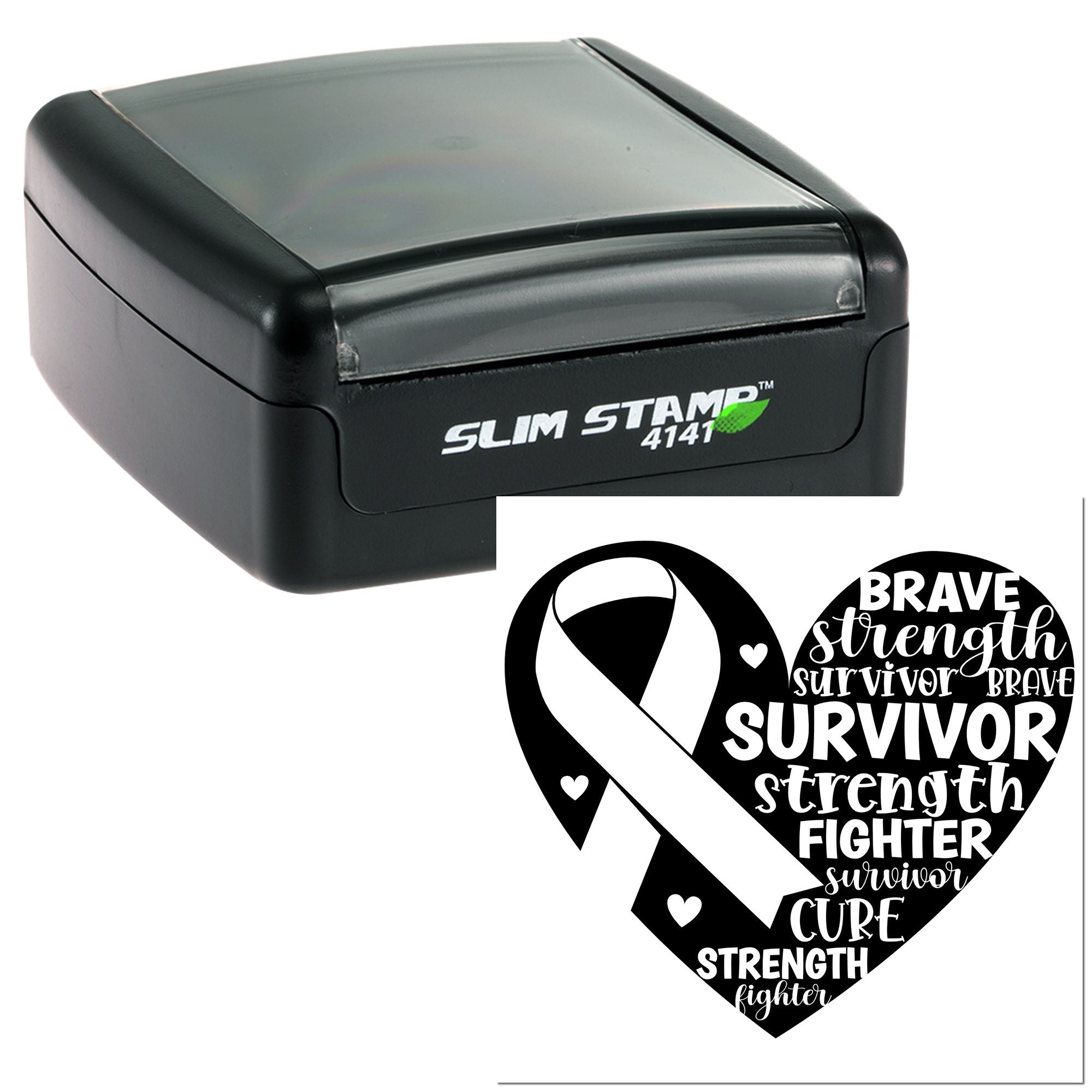 Custom slim rubber stamp for breast cancer awareness featuring a heart ribbon design with brave, strength, survivor and fighter words.
