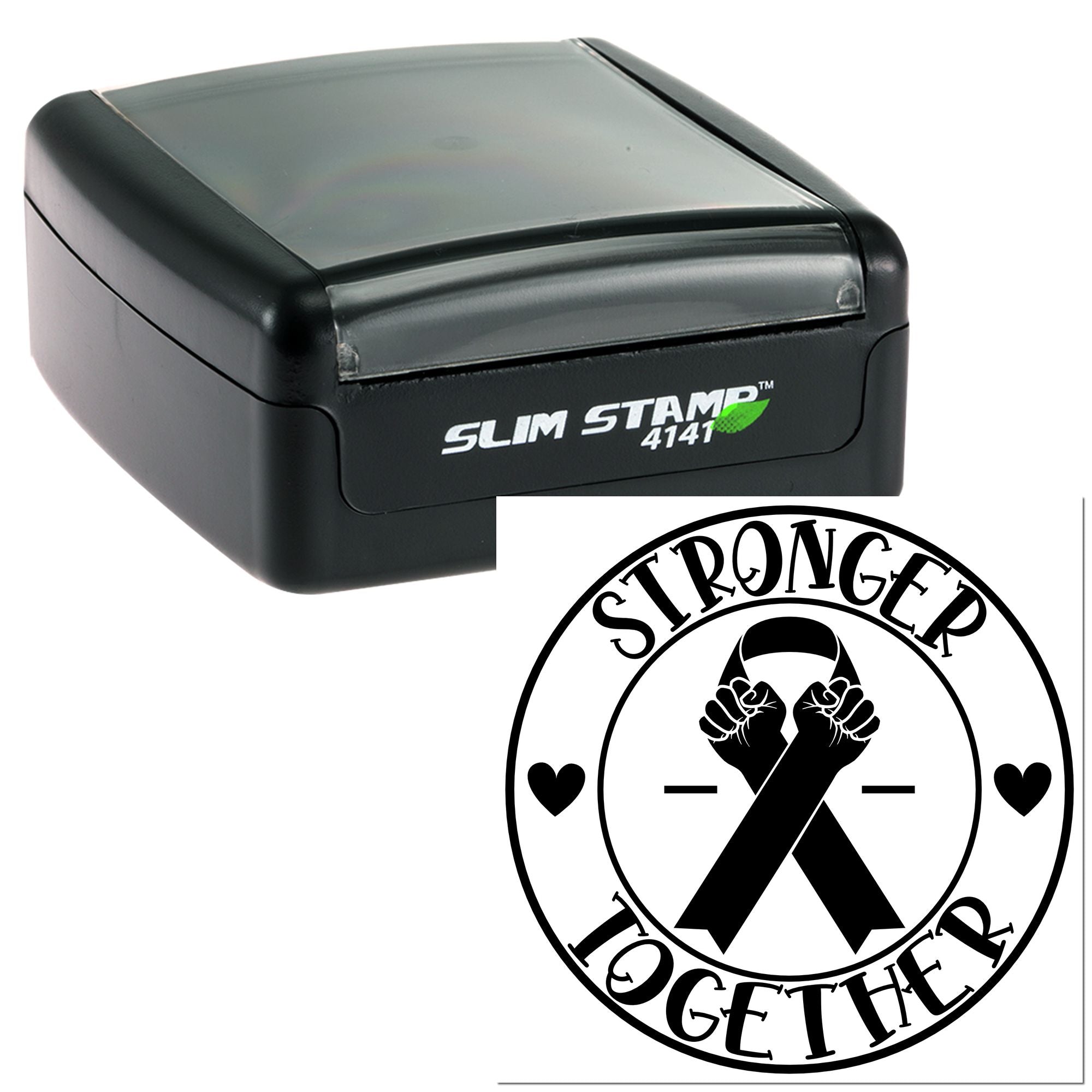 Custom self-inking rubber stamp with Stronger Together awareness ribbon design for fundraising and support messages.