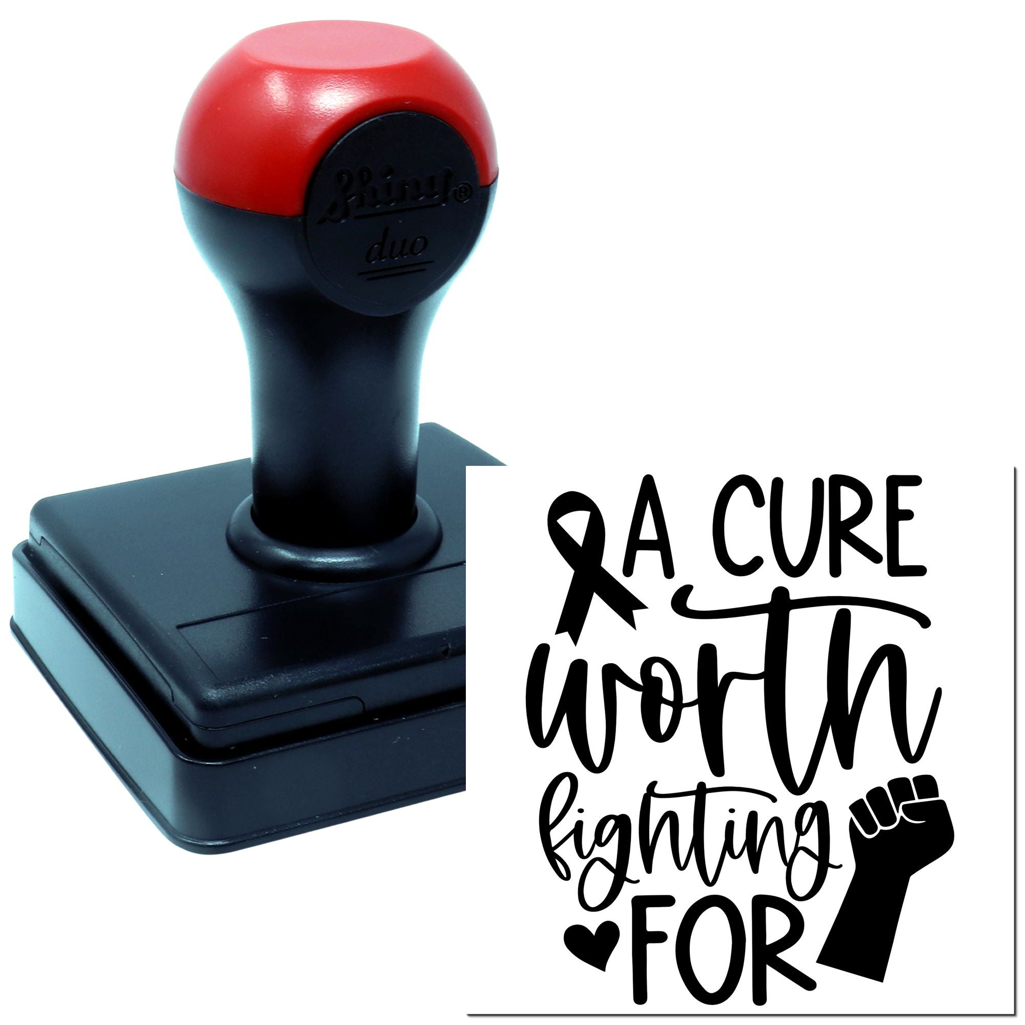 Custom rubber stamp with A Cure Worth Fighting For cancer awareness design, featuring ribbon and fist symbols.