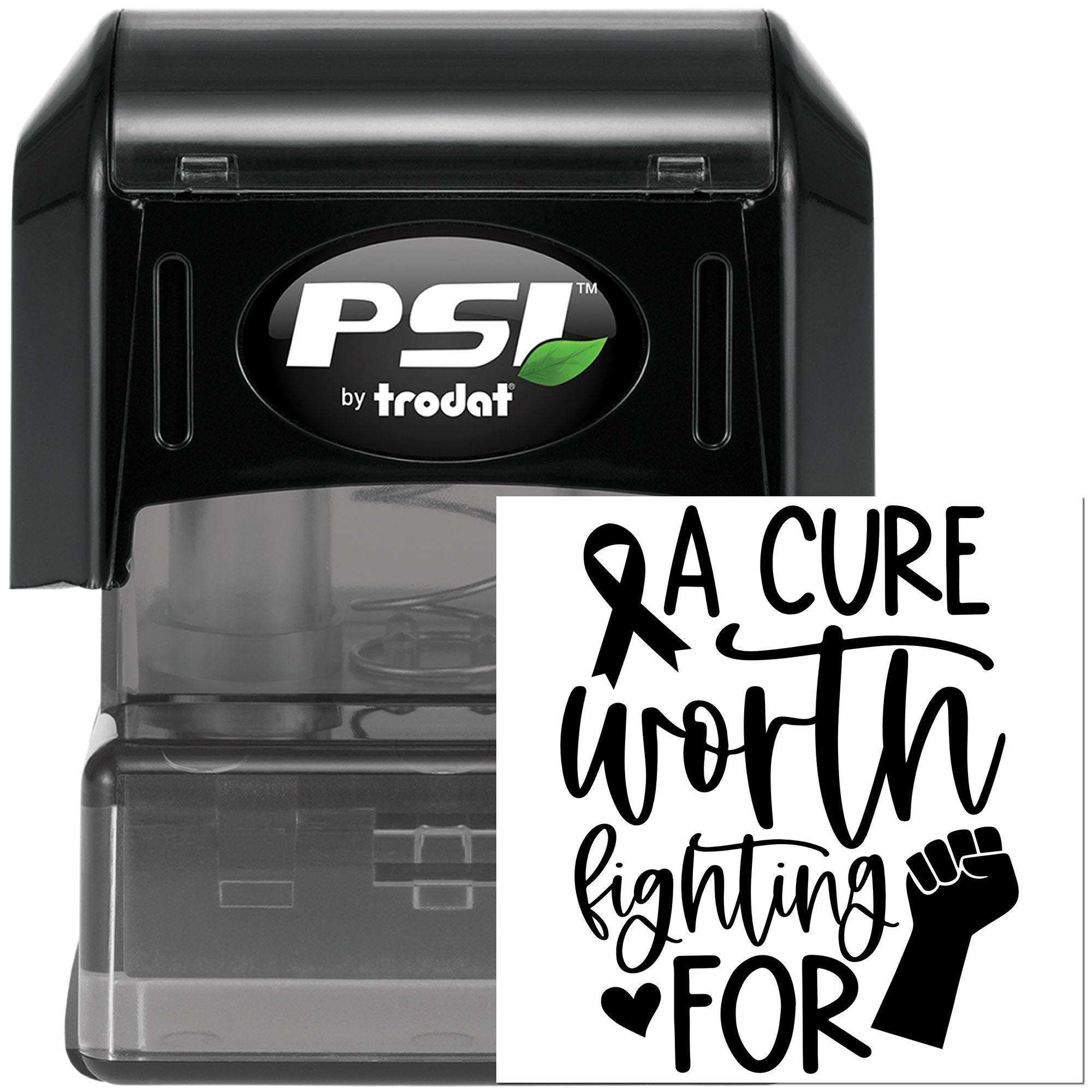 Self-inking PSI by Trodat rubber stamp with A Cure Worth Fighting For breast cancer awareness design.
