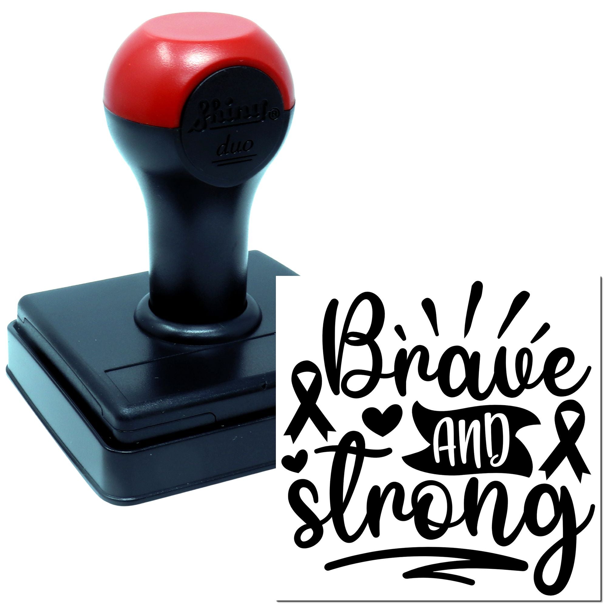 Self-inking rubber stamp with Brave and Strong awareness design, shown with matching stamped impression.