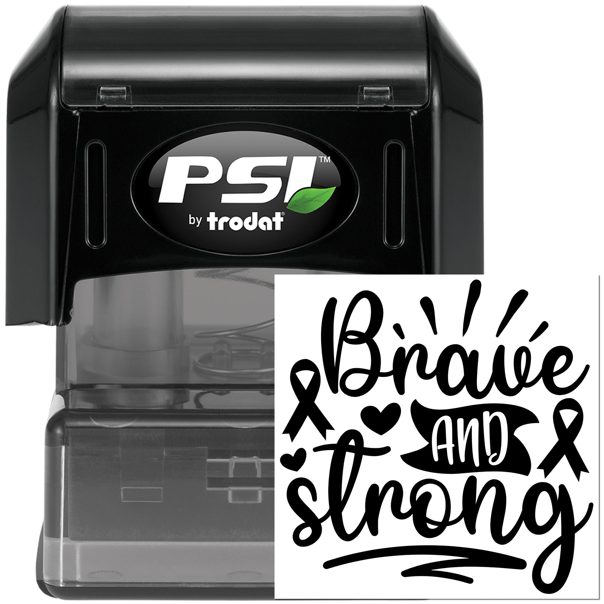 PSI by Trodat self-inking rubber stamp with Brave and Strong breast cancer awareness design and ribbon accents