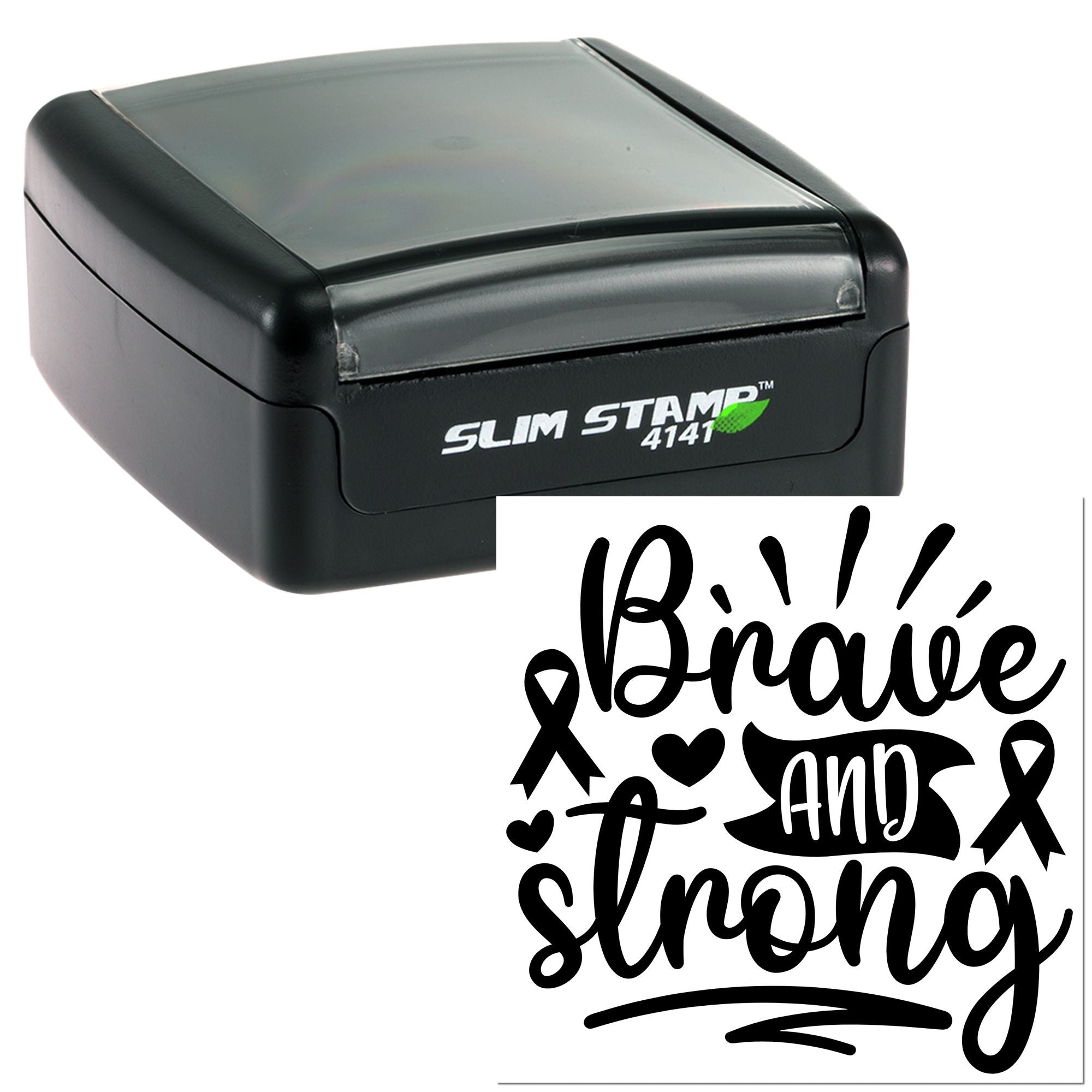 Slim Stamp 4141 self-inking rubber stamp with Brave and Strong awareness design and ribbon icons for custom stamping.