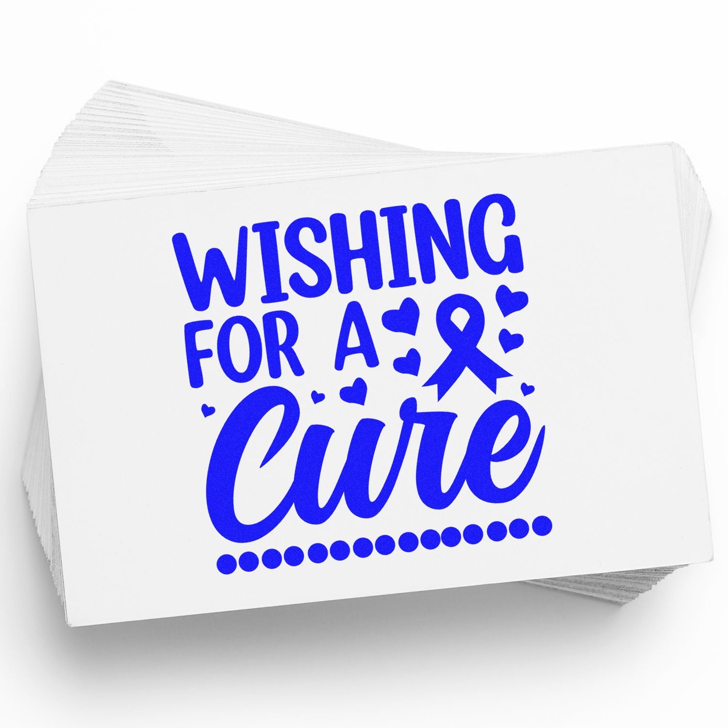 Blue breast cancer awareness rubber stamp design reading Wishing for a Cure with ribbon and hearts.