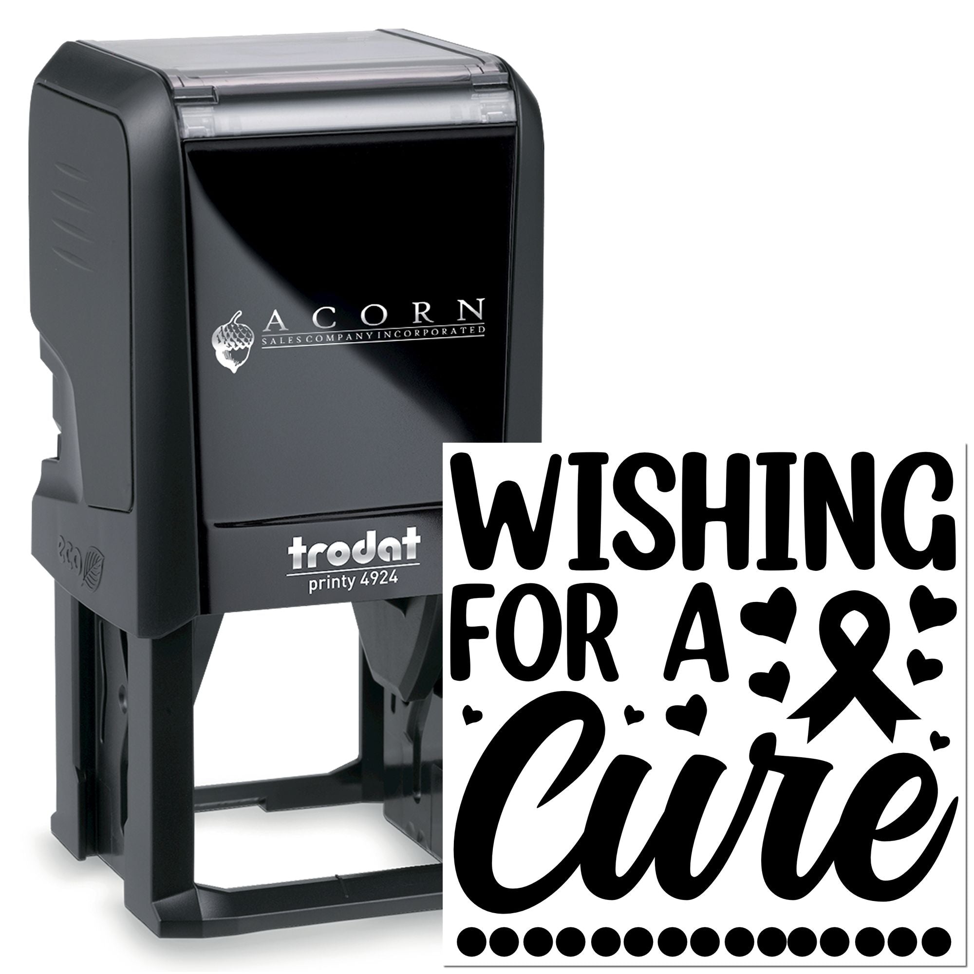 Custom self-inking rubber stamp with Wishing for a Cure design, hearts, and awareness ribbon for fundraising campaigns