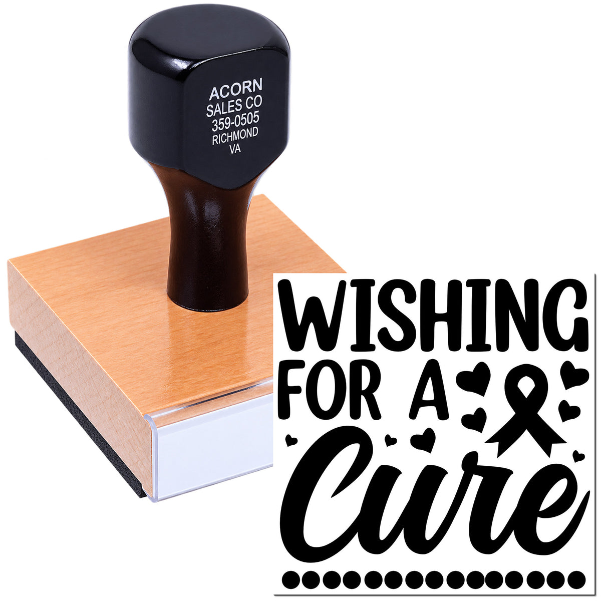 Custom rubber stamp reading Wishing for a Cure with ribbon and hearts for cancer awareness fundraising.