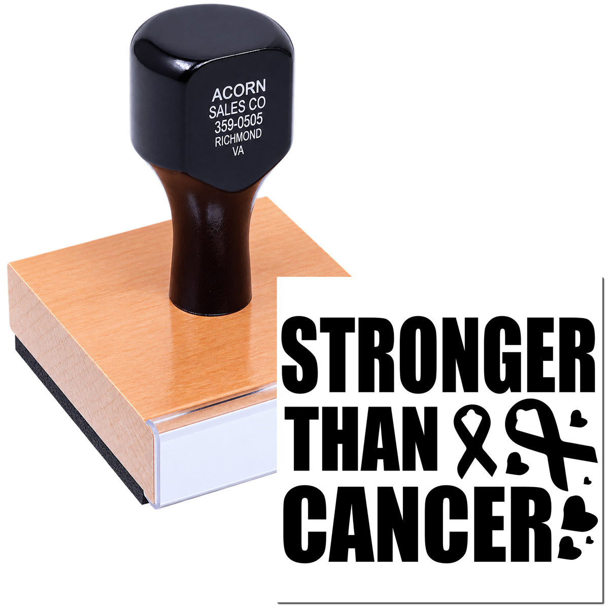 Custom rubber stamp with Stronger Than Cancer design for cancer awareness fundraising and support messages.