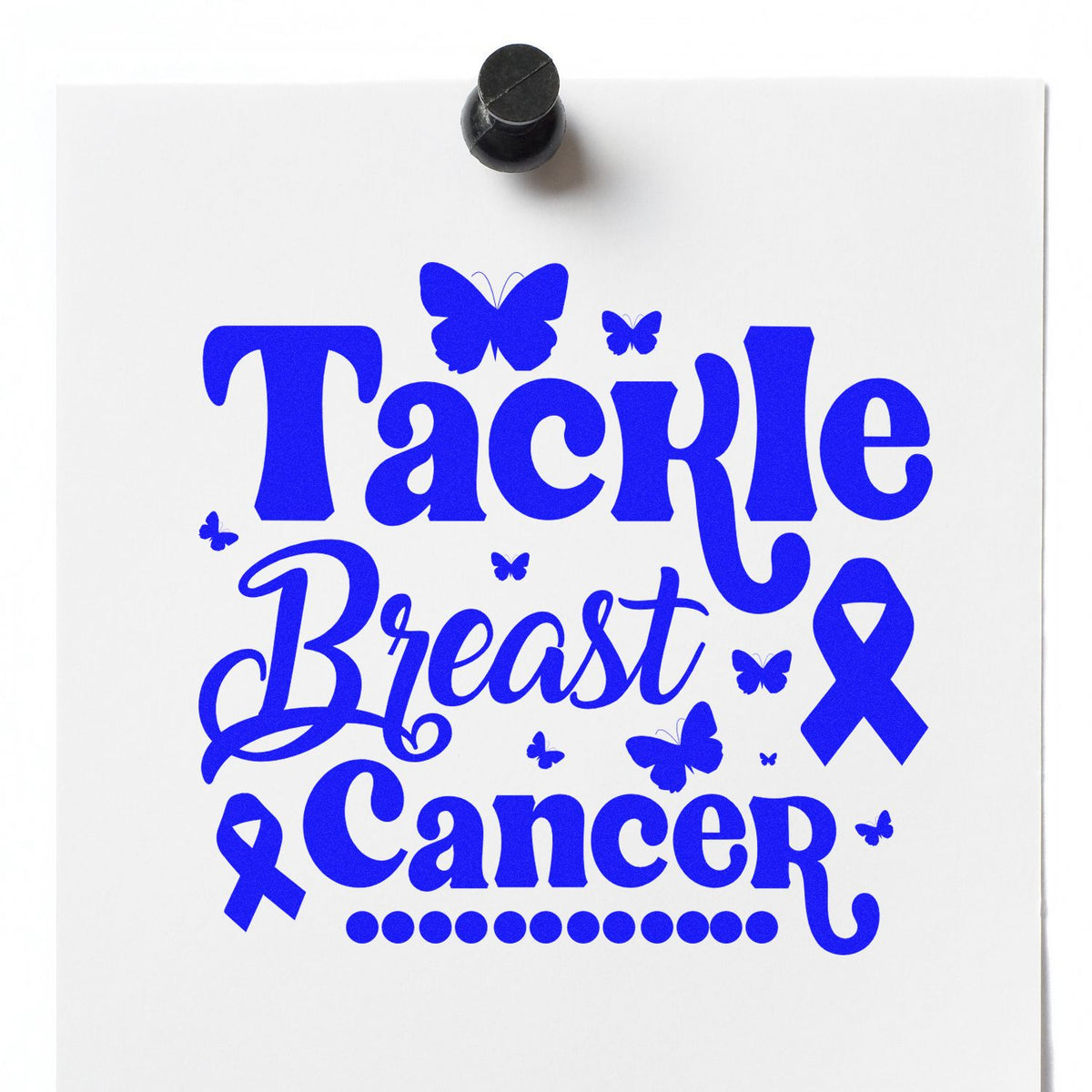 Blue rubber stamp design reading Tackle Breast Cancer with butterflies and ribbon for breast cancer awareness campaigns.