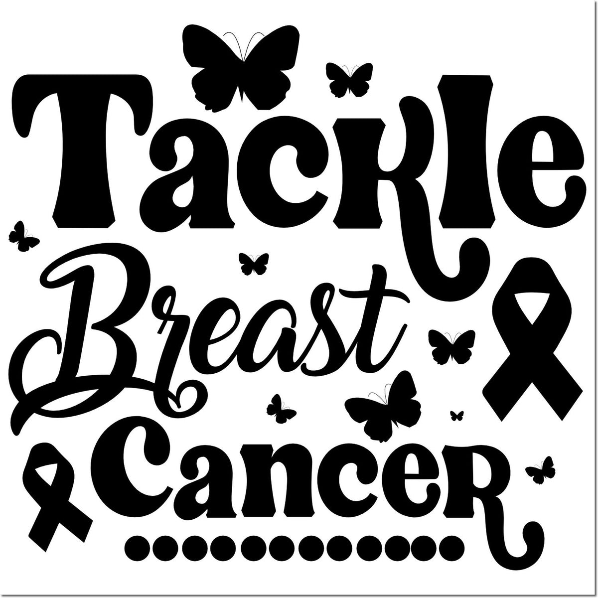 Tackle Breast Cancer rubber stamp design with butterflies and awareness ribbons for breast cancer support, fundraising, and awareness.