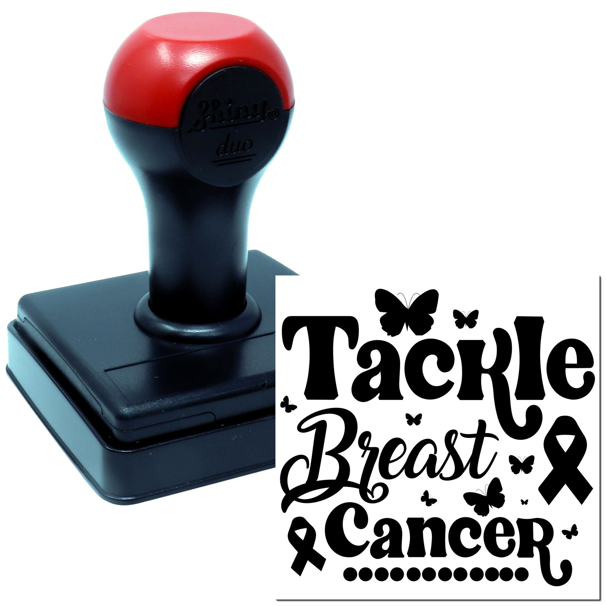 Self-inking breast cancer awareness rubber stamp with butterflies, ribbon icons, and Tackle Breast Cancer design.