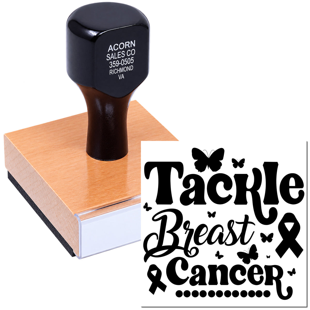 Breast cancer awareness rubber stamp with Tackle Breast Cancer design and ribbon for fundraising materials.