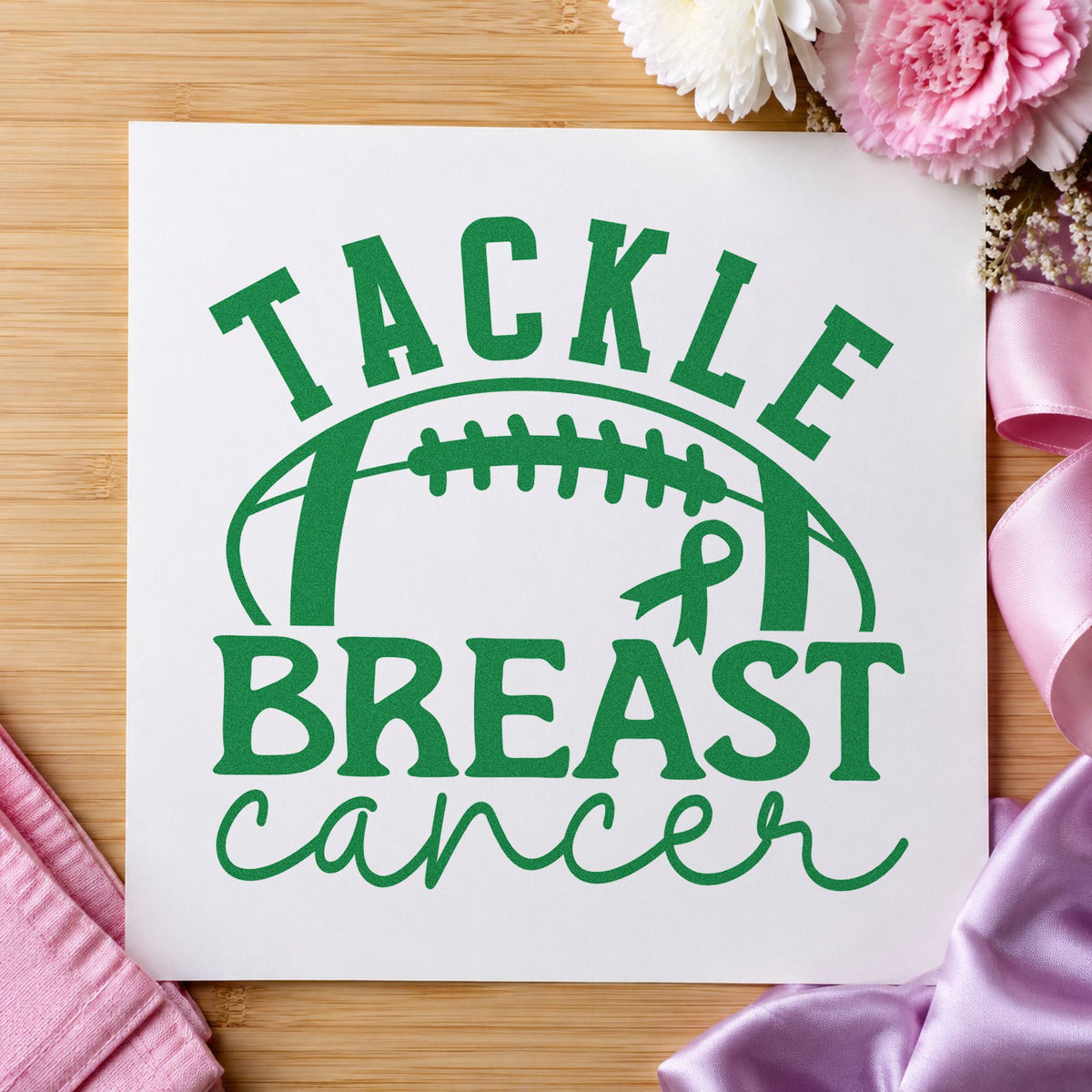 Tackle Breast Cancer Football craft stamp in green ink on cardstock, an easy option for student section signs.