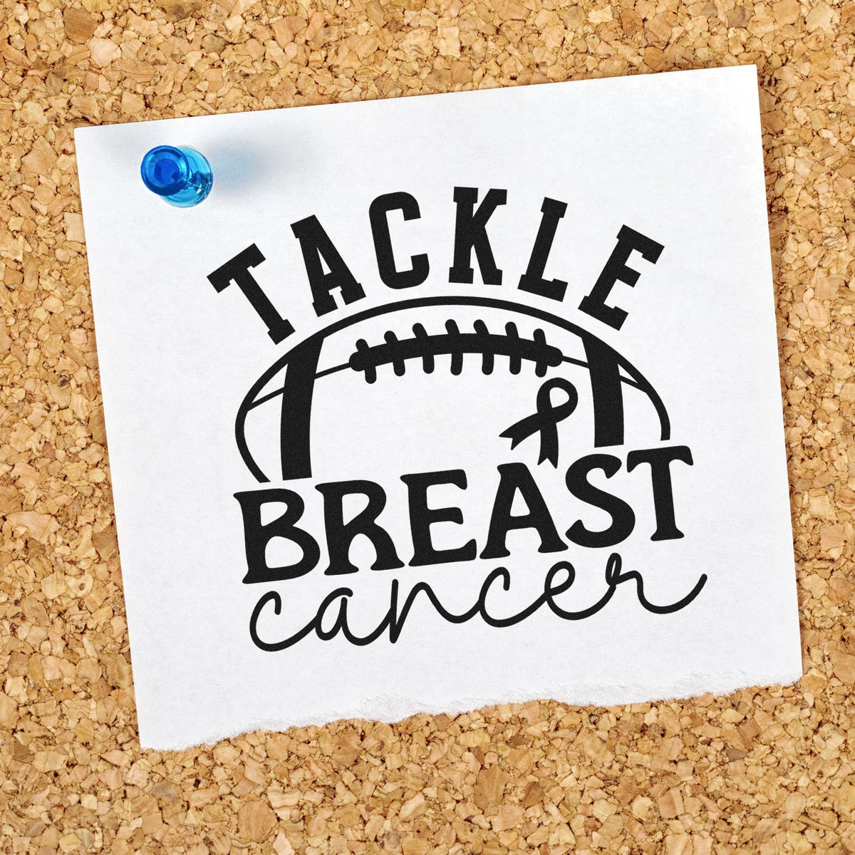 Tackle Breast Cancer Football Awareness Ribbon Stamp - Premium Vintage Pro Wooden imprint stamped in black ink. A football and awareness ribbon accompany arched "Tackle breast cancer" lettering.