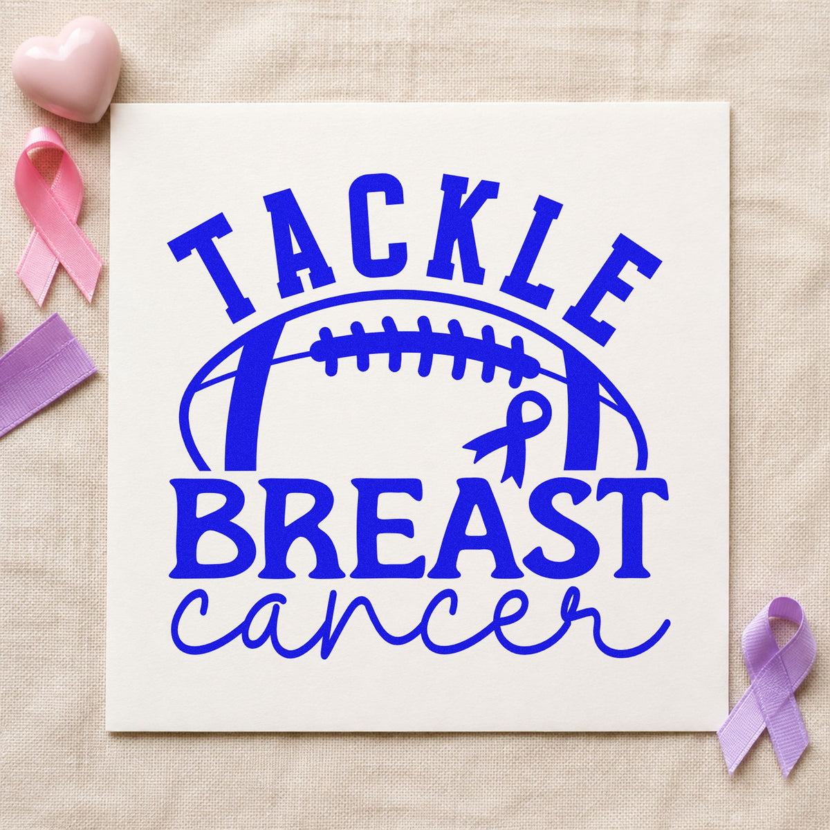 Tackle Breast Cancer Football craft stamp in blue ink on cardstock, an easy option for program insert cards.