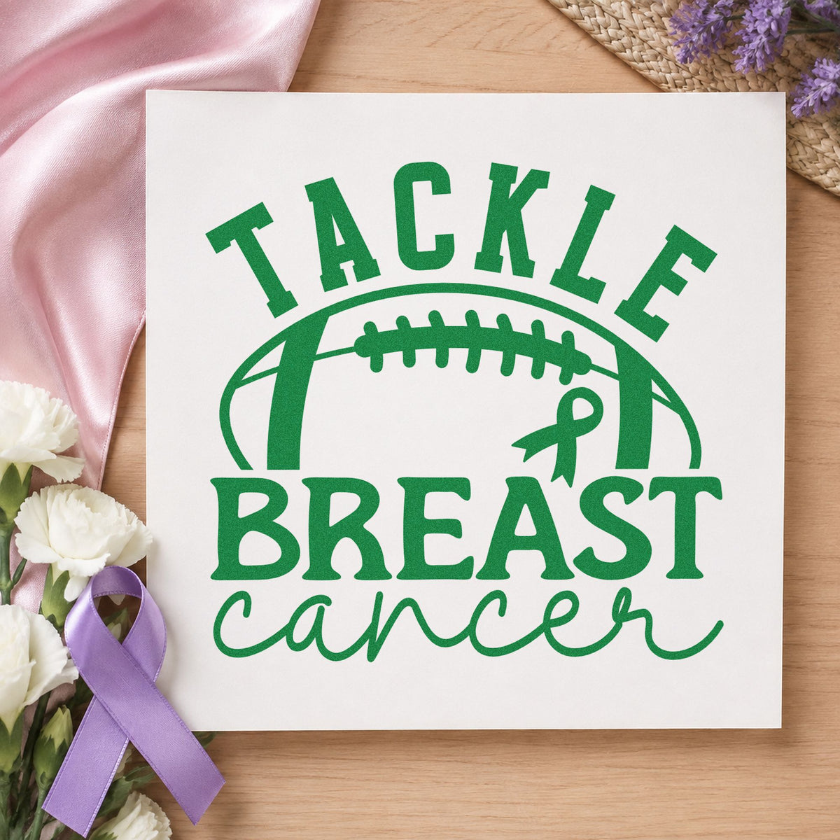 Tackle Breast Cancer Football craft stamp imprint in green ink on a handmade project, one idea being halftime tributes.
