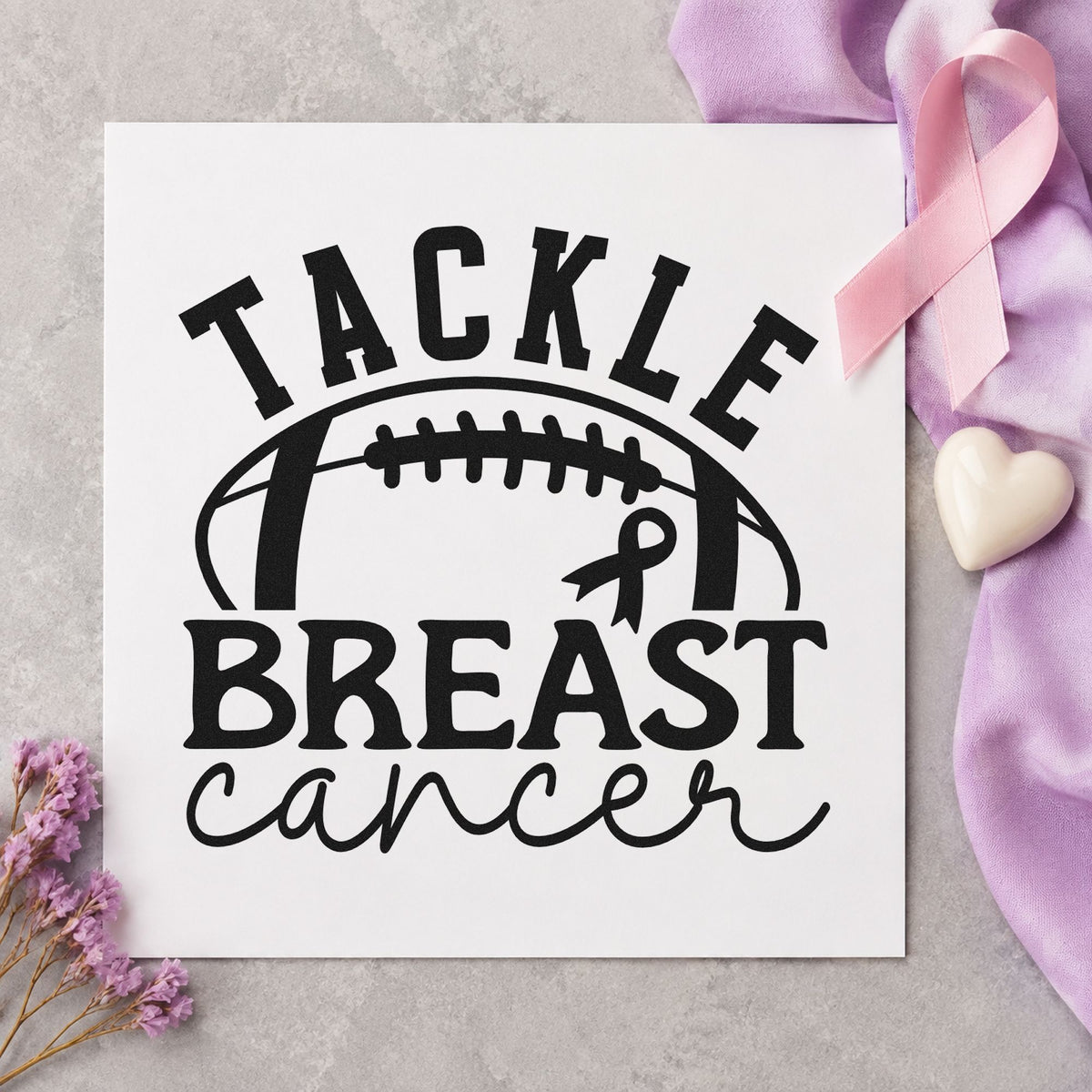Tackle Breast Cancer Football rubber stamp printed in black ink, ready for pink-out night cards and similar paper crafts.