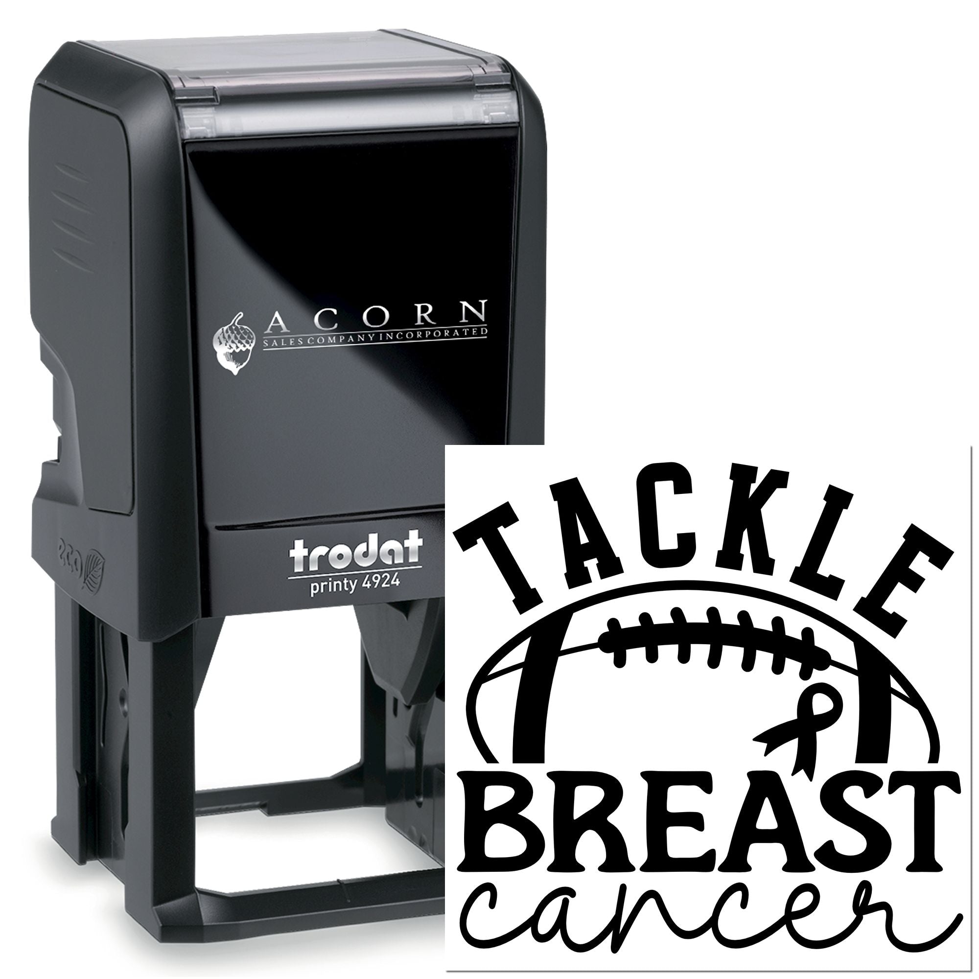 Custom self-inking rubber stamp for breast cancer awareness, with Tackle Breast Cancer logo.