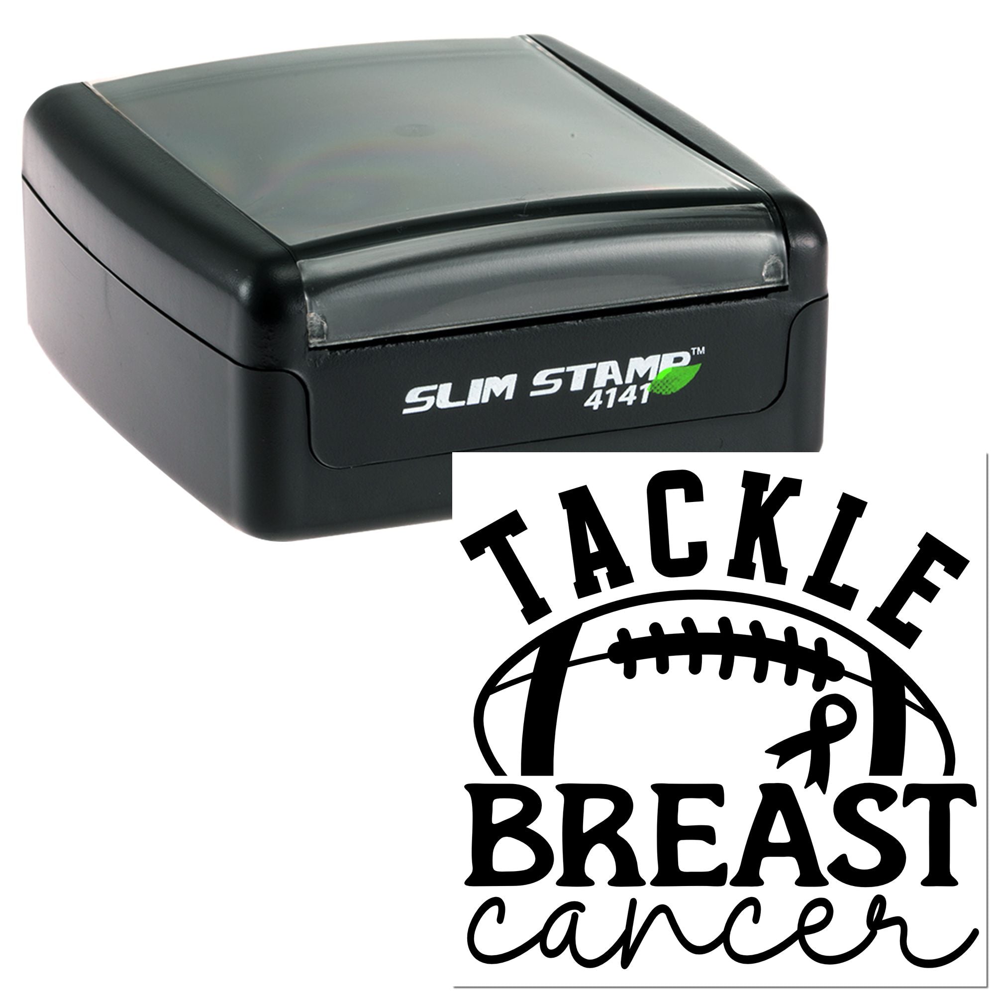 Self-inking rubber stamp with Tackle Breast Cancer imprint for breast cancer awareness campaigns and fundraising.