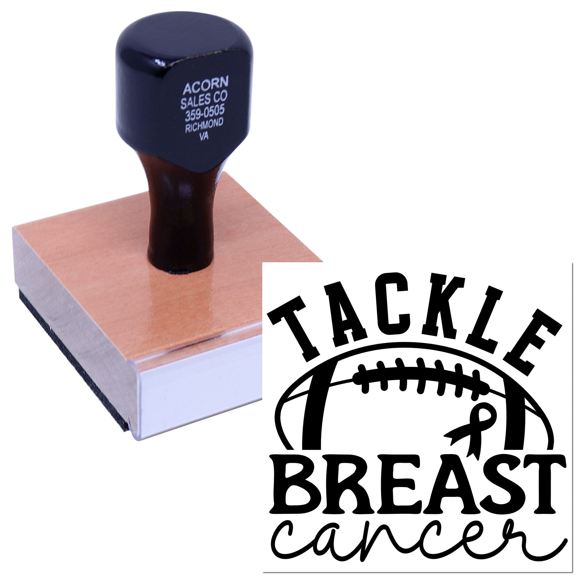 Football-themed breast cancer awareness rubber stamp with Tackle Breast Cancer logo.