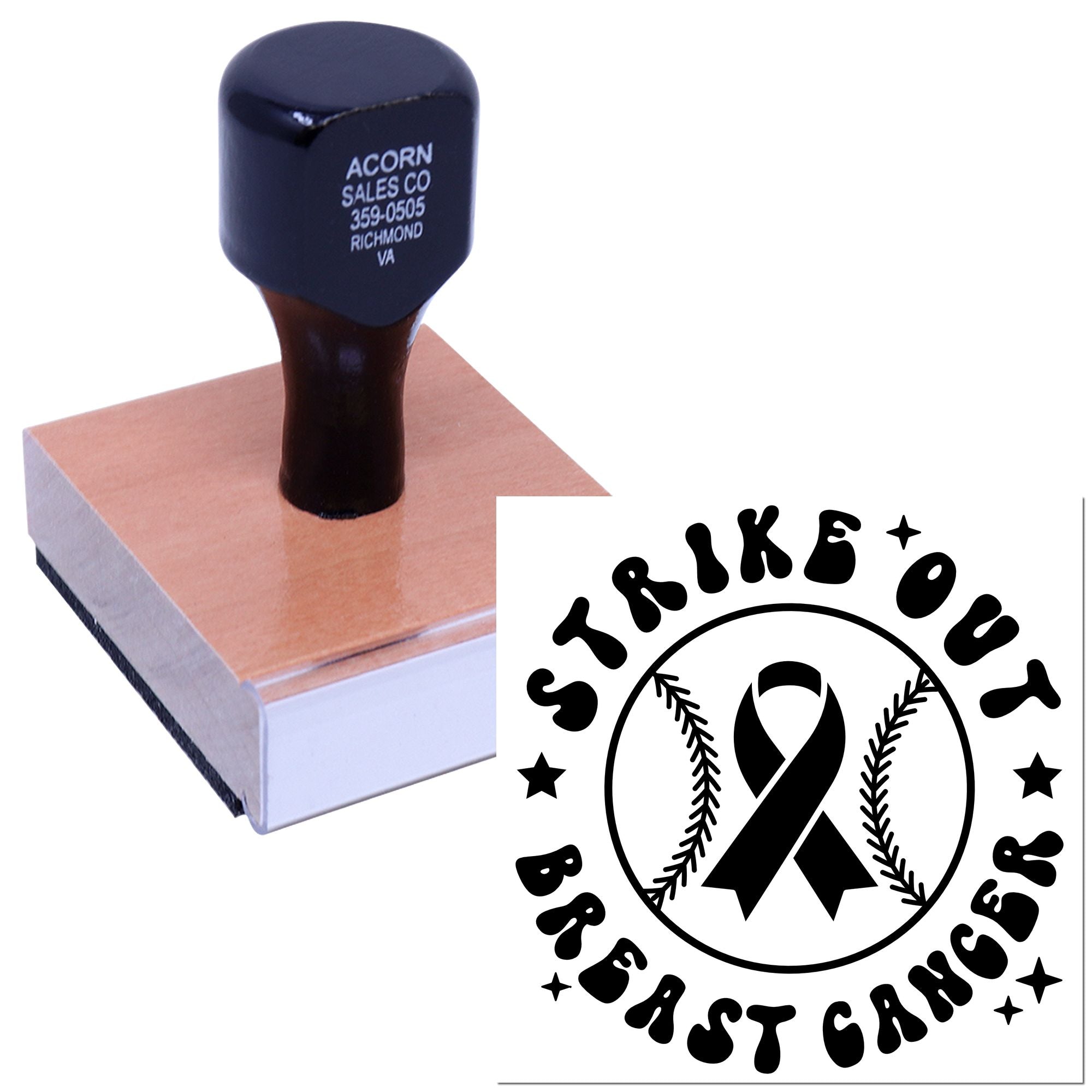 Custom rubber stamp for breast cancer awareness featuring a Strike Out Breast Cancer ribbon logo imprint.