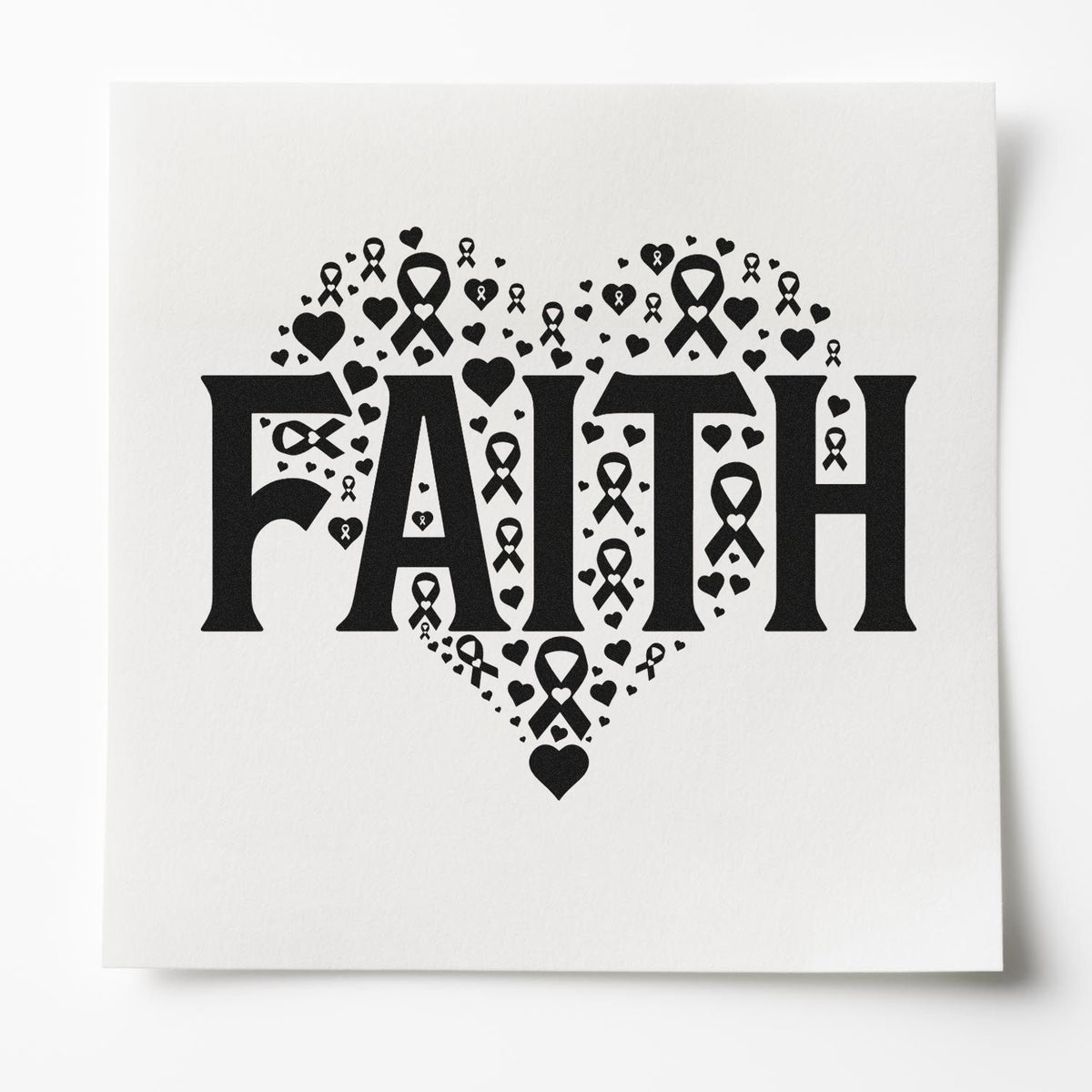 Faith Awareness Heart With Cross Pre-Inked Stamp – Slim imprint stamped in black ink. Bold "Faith" lettering crosses a heart built from tiny hearts and awareness ribbons.