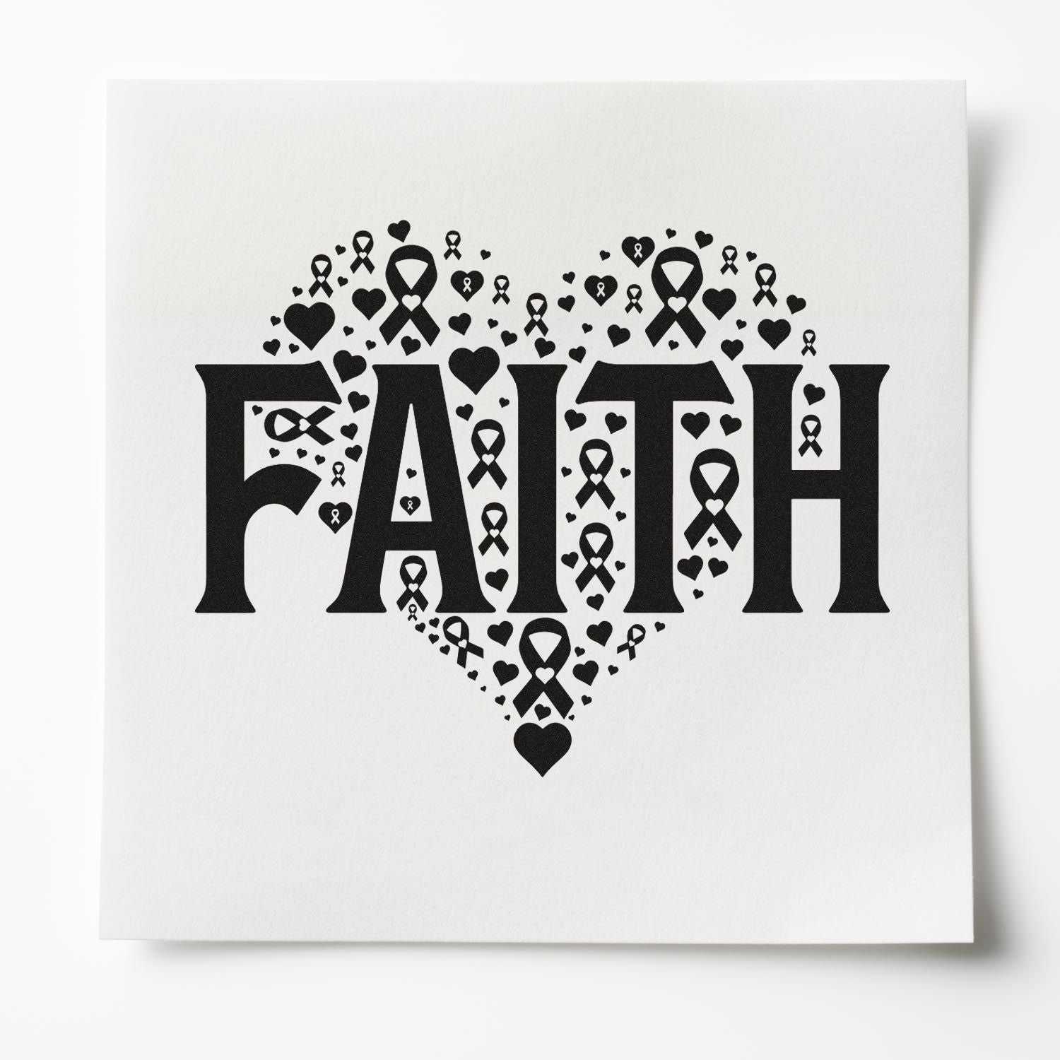 Faith rubber stamp design with heart and awareness ribbon motif for inspirational cards, sympathy crafts, and handmade projects.