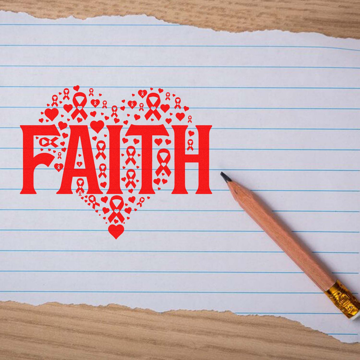 Faith rubber stamp design with heart and awareness ribbons on lined paper, ideal for inspirational crafting.