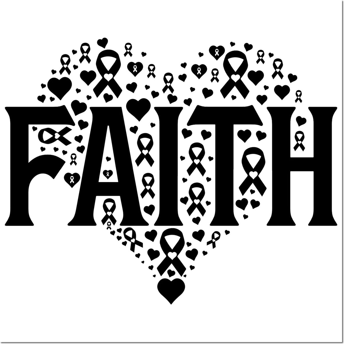 Faith rubber stamp design with hearts and awareness ribbons for inspirational support and craft projects