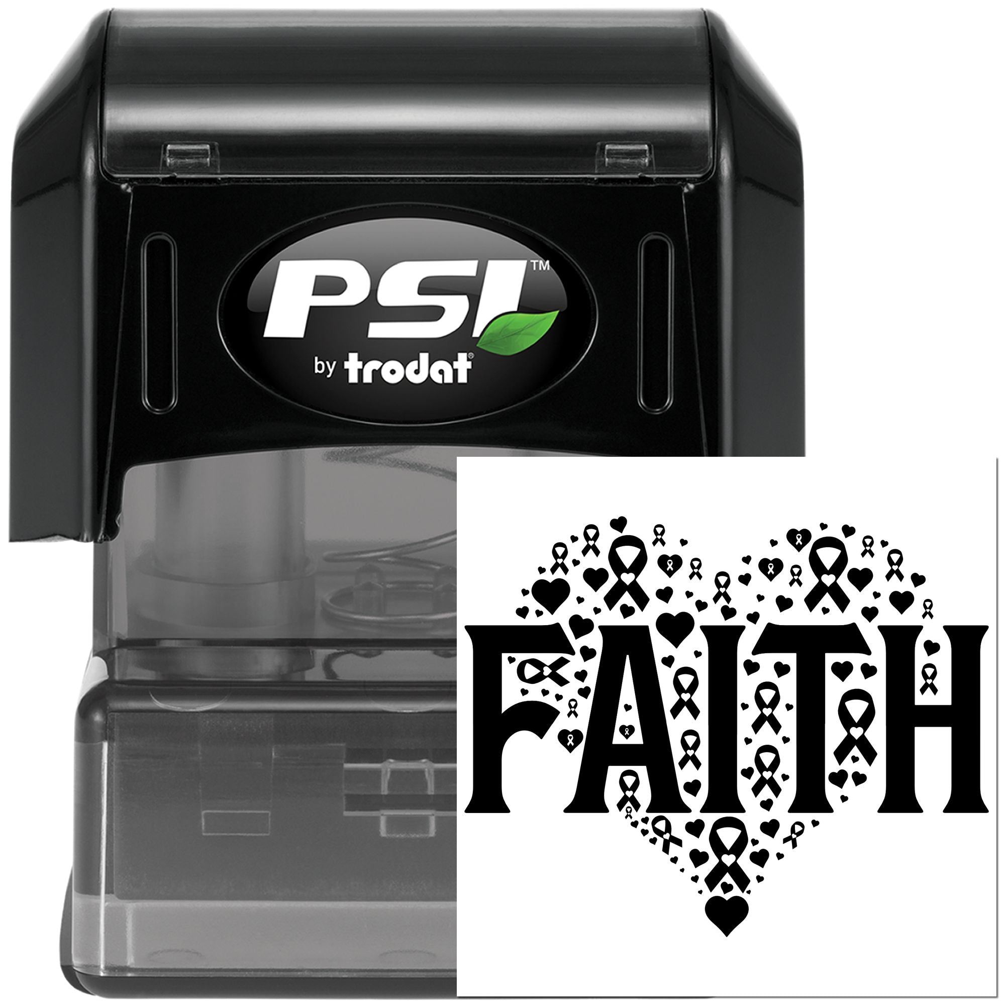 PSI by Trodat self-inking rubber stamp with FAITH heart and awareness ribbon design for inspirational custom stamping