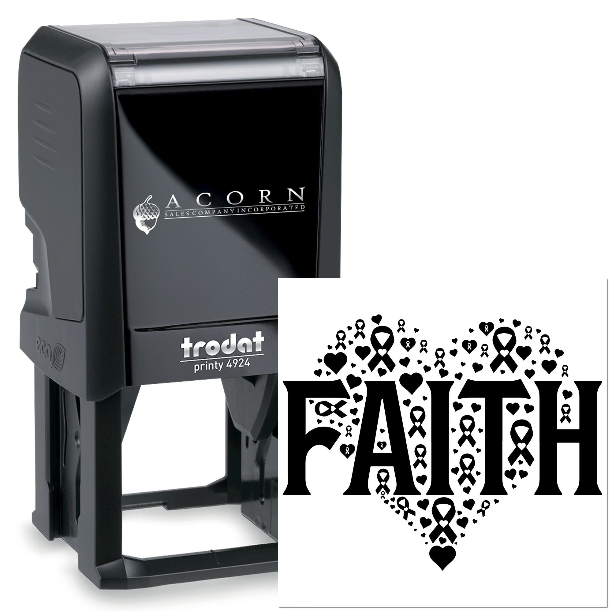 Custom self-inking rubber stamp with Faith heart-and-ribbon design, ideal for breast cancer awareness branding and messaging.