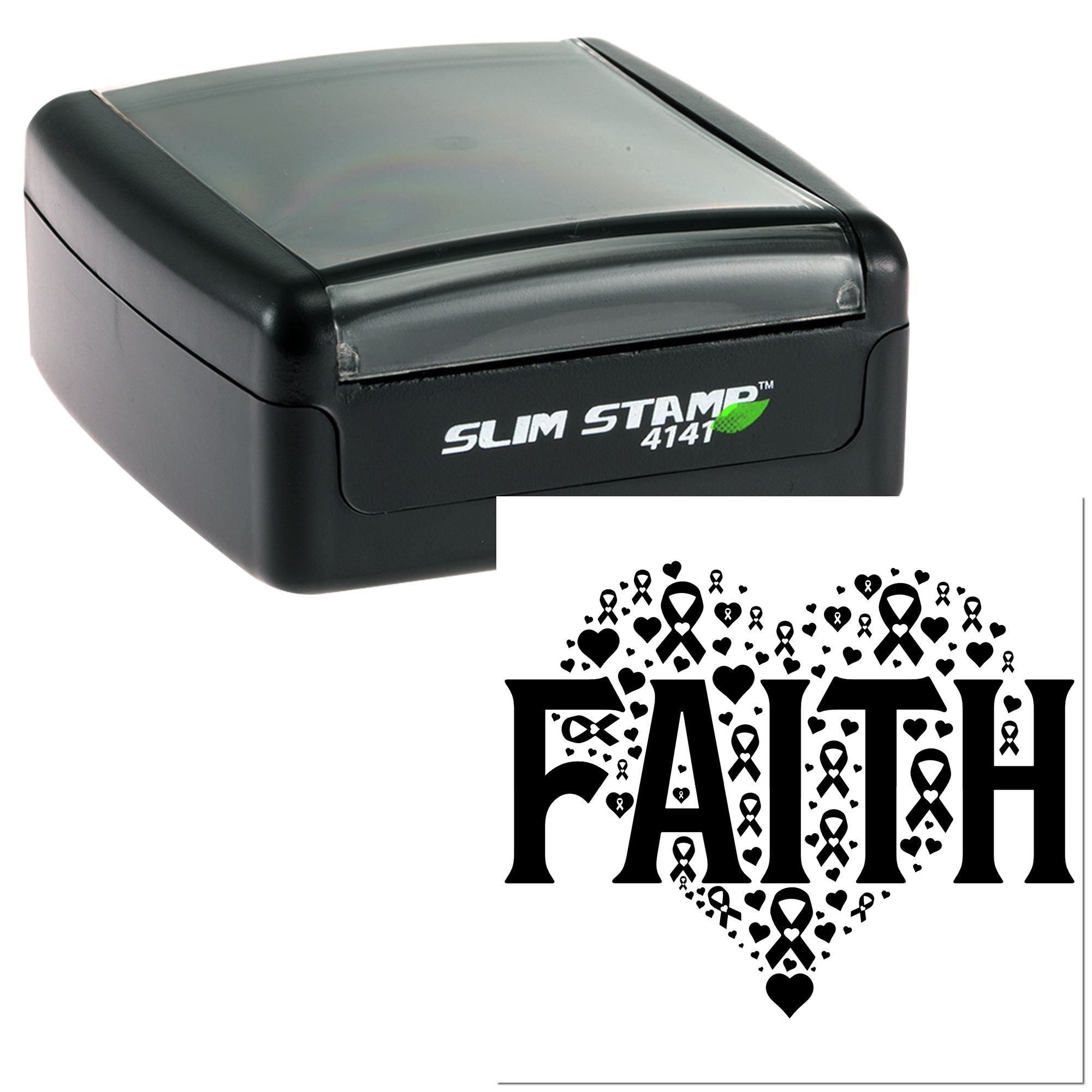 Faith awareness rubber stamp with hearts and ribbon design, ideal for custom self-inking stamping projects.