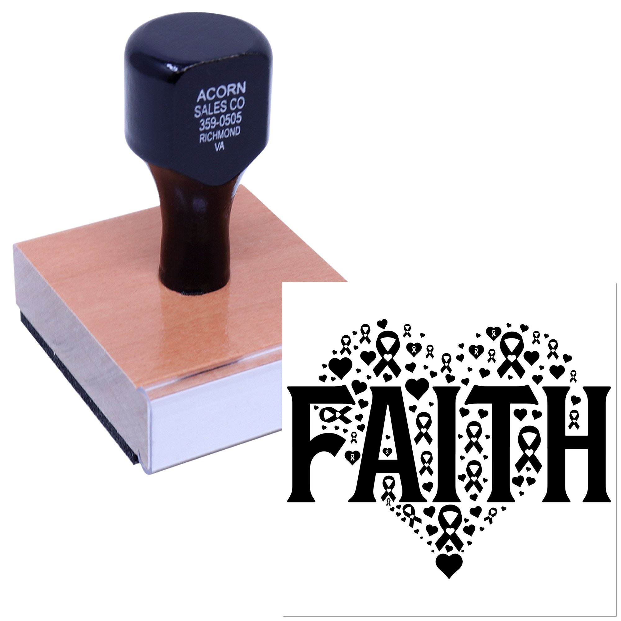 Custom Faith rubber stamp with awareness ribbon and heart design for cards, journals, and faith-based crafts.