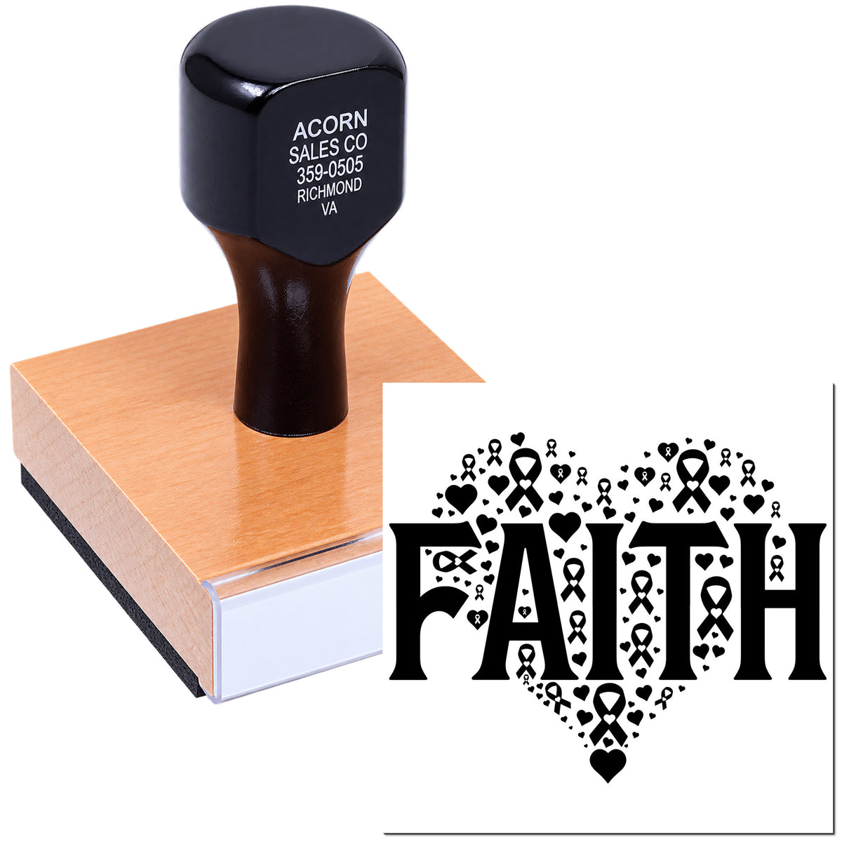 Custom Faith rubber stamp with awareness ribbon and heart design for cards, journals, and faith-based crafts.