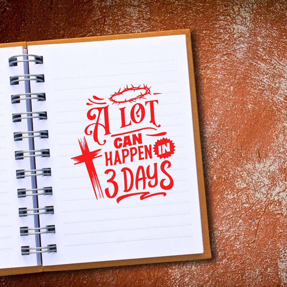 A Lot Can Happen in Three Days rubber stamp shown in red ink, stamped for projects such as holy week programs.