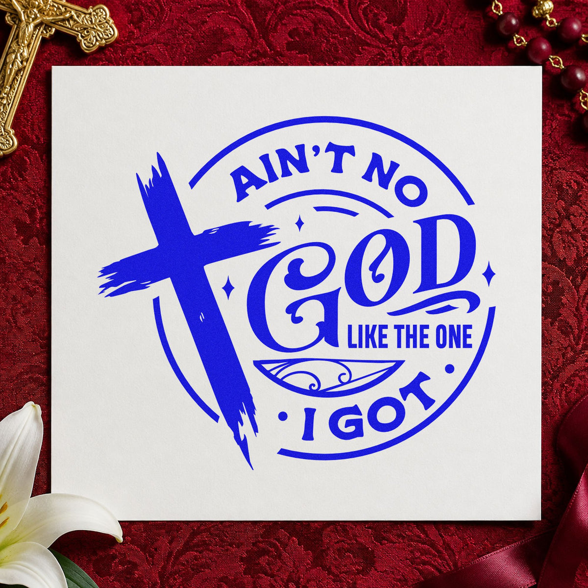 Ain't No God Like Mine Brushstroke Cross Hand Stamp – Duo in use 5